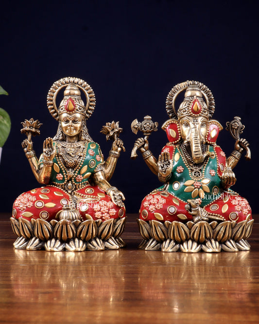 Pure Brass Intricate Ganesha Lakshmi Idols - meenakari Stonework  - 5 inch - Sama Homes Idol - Brass Sculpture