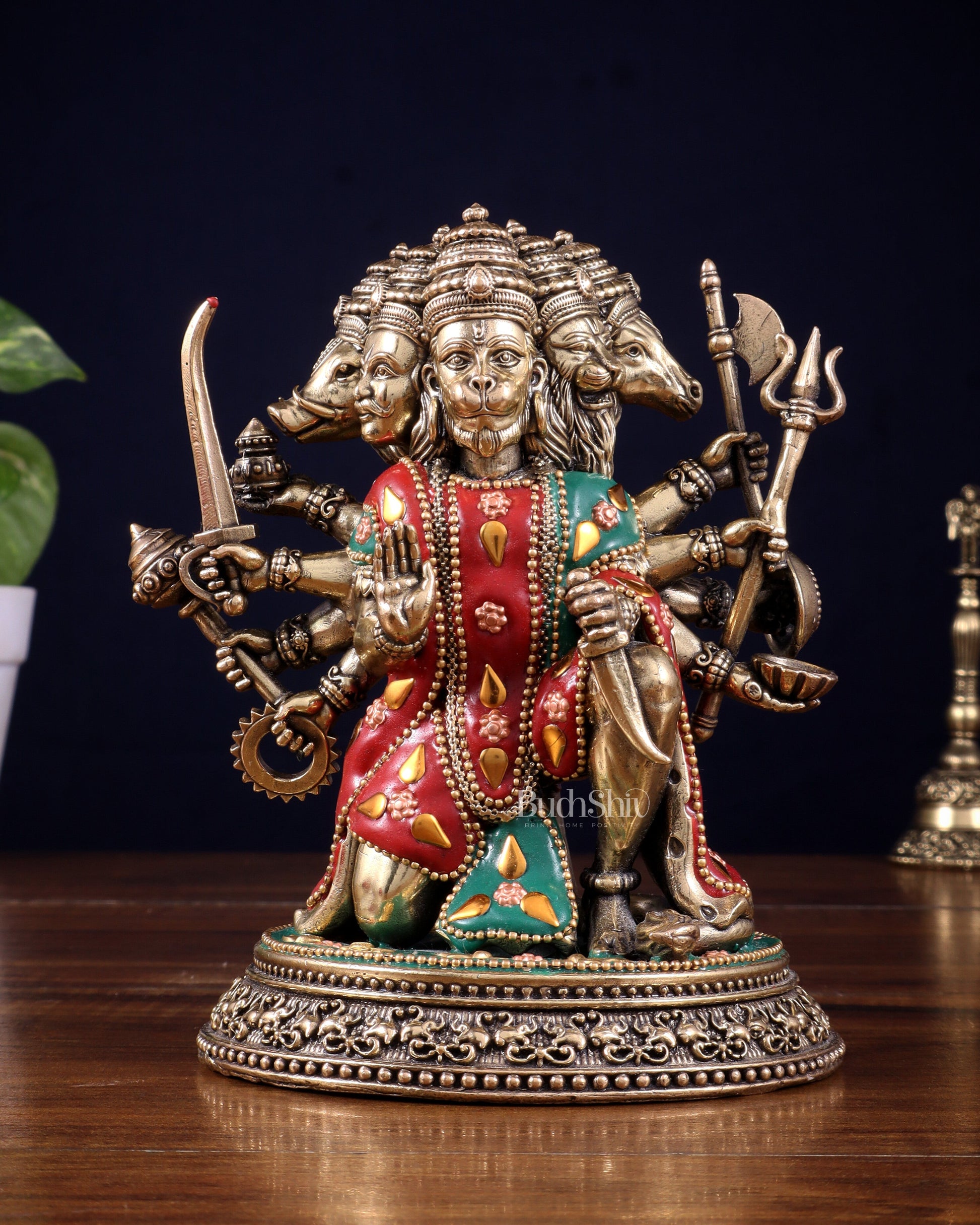 Intricate Superfine Brass Panchmukhi Hanuman Idol with meenakari Stonework- 7" Tall - Sama Homes Idol - Brass Sculpture - Eco-friendly - Sama Homes