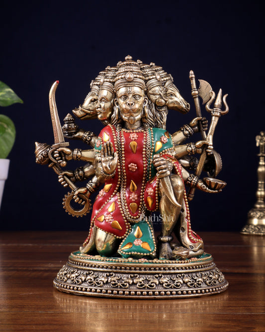 Intricate Superfine Brass Panchmukhi Hanuman Idol with meenakari Stonework- 7" Tall - Sama Homes Idol - Brass Sculpture