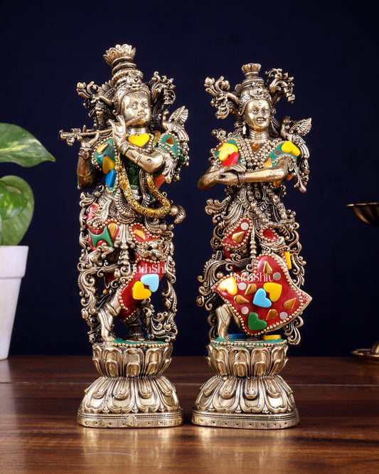Brass Superfine Radha Krishna Idols 8" meenakari Stonework - Sama Homes Idol - Brass Sculpture