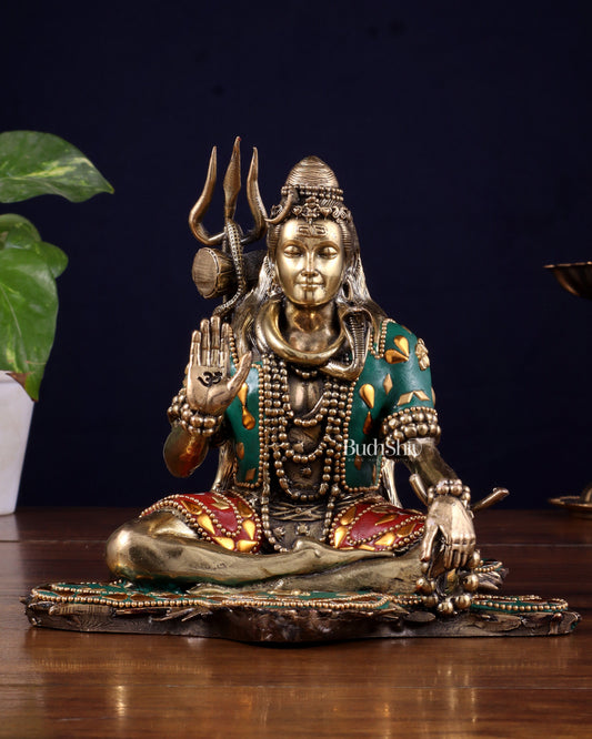 Brass Superfine Lord Shiva Statue 6.5" meenakari Stonework - Sama Homes Idol - Brass Sculpture