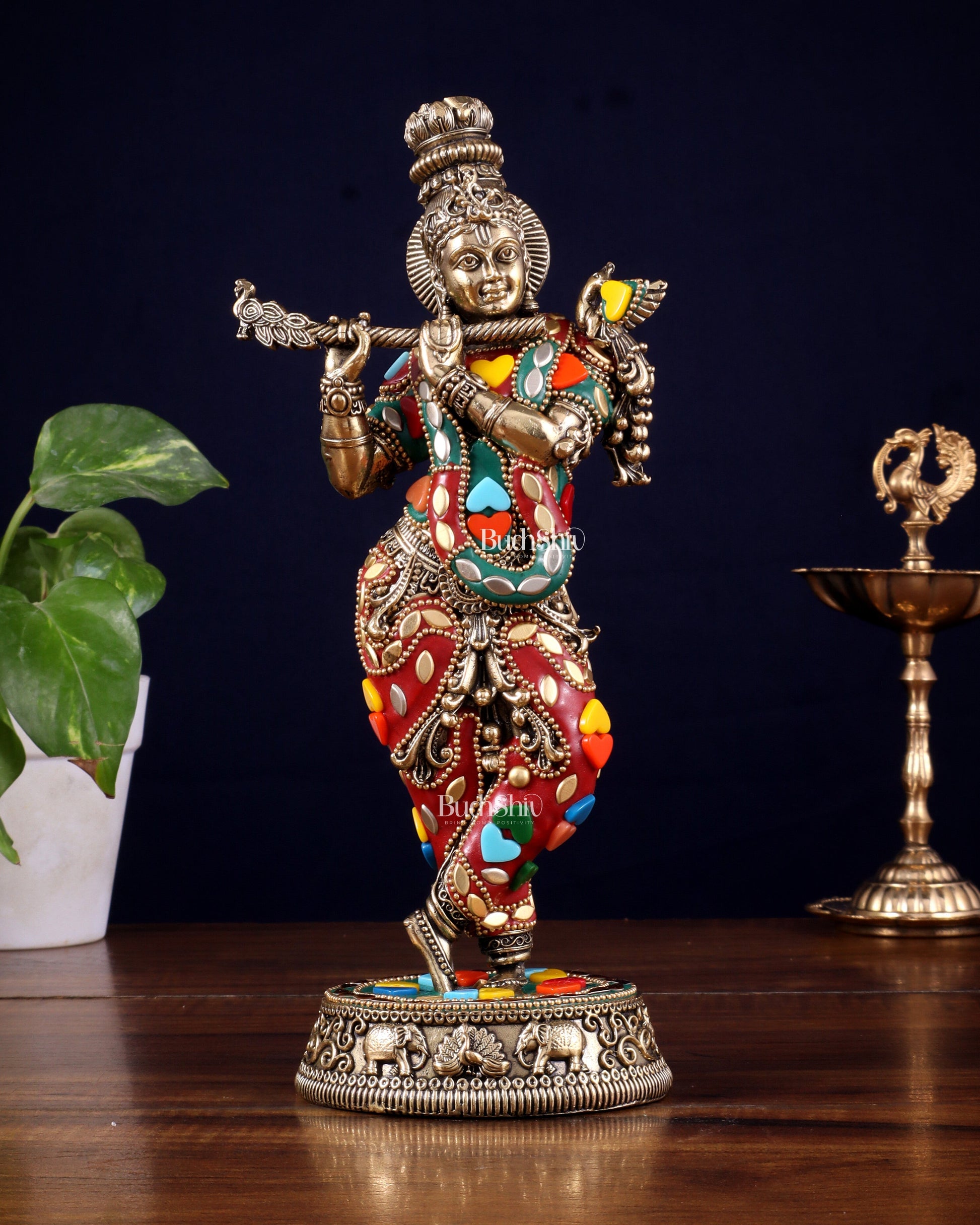 Brass Superfine Lord Krishna Idol with Meenakari Stonework – 9.5 Inch - Sama Homes Idol - Brass Sculpture - Eco-friendly - Sama Homes