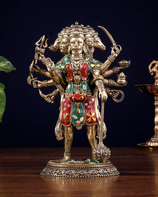 Brass Superfine Standing Panchmukhi Hanuman Idol 8" meenakari Stonework - Sama Homes Idol - Brass Sculpture