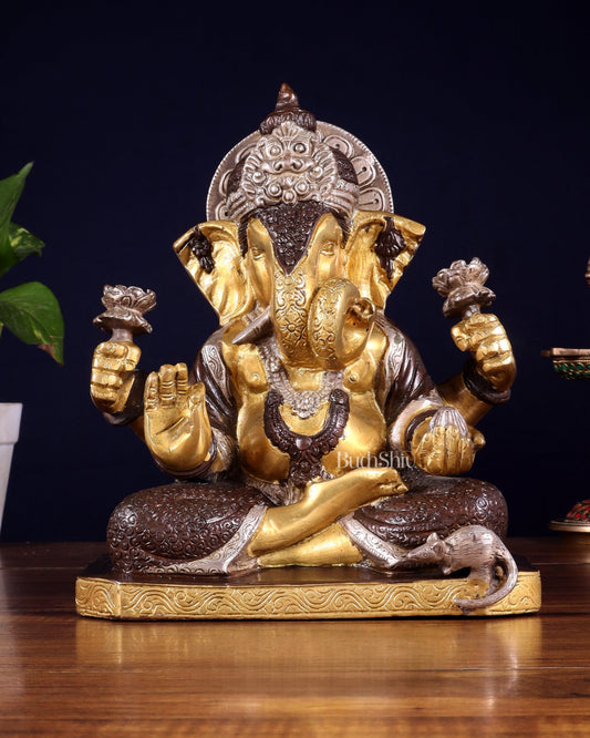 Dagdusheth Ganapati Brass Statue 9 inch three tone - Sama Homes Idol - Brass Sculpture