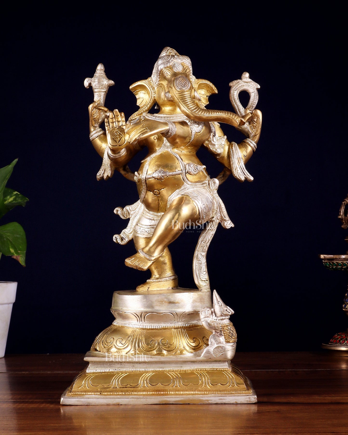 Pure Brass Dancing Ganesha (Nritya Ganapati) Statue – 12.3 Inch - Sama Homes Idol - Brass Sculpture