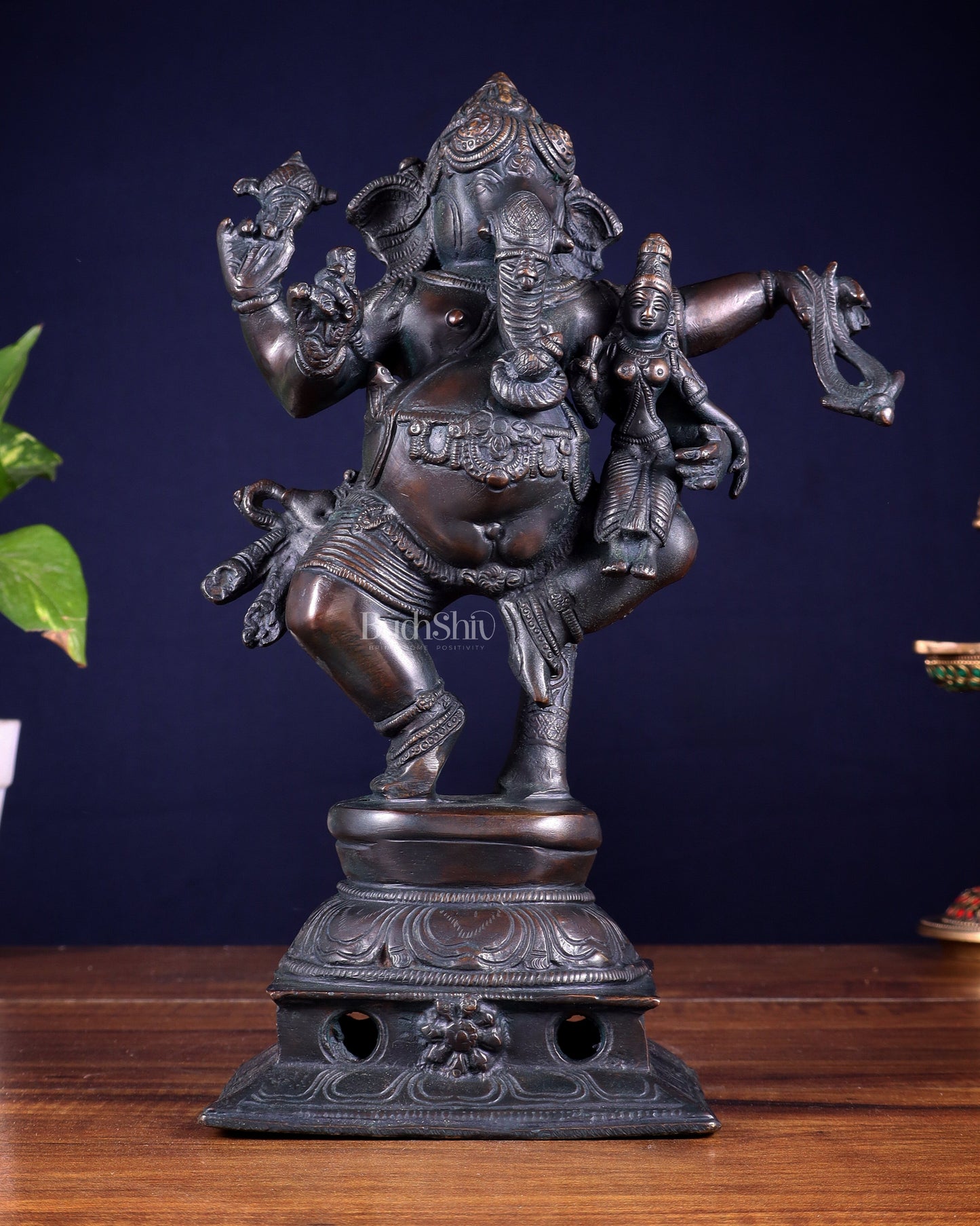 Brass Dancing Ganesha with Siddhi Idol | 10.5" Height | 100% Certified Copper & Brass - Sama Homes Idol - Brass Sculpture