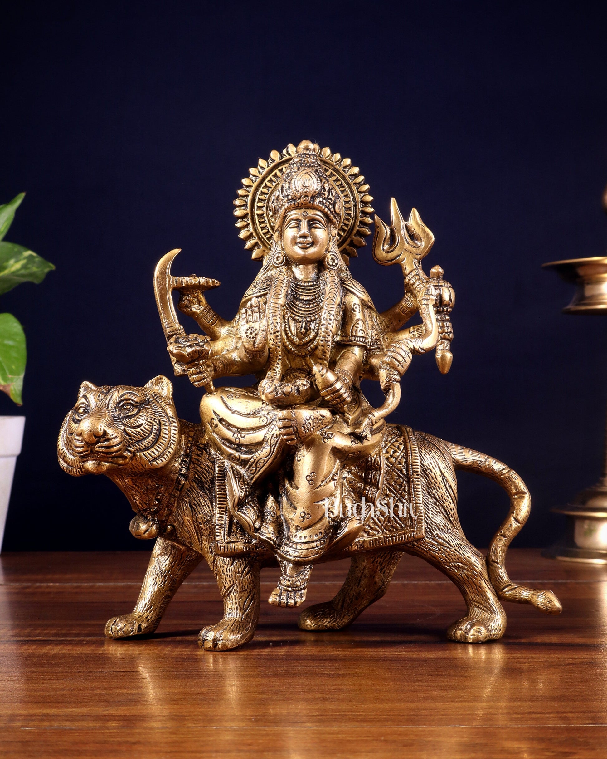 Pure Brass Goddess Durga on tiger Idol - 9" | - Sama Homes Idol - Brass Sculpture - Eco-friendly - Sama Homes