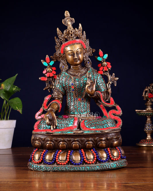 Vintage Brass white Tara Statue with copper wire work meenakari| 14 inches Height - Sama Homes Idol - Brass Sculpture