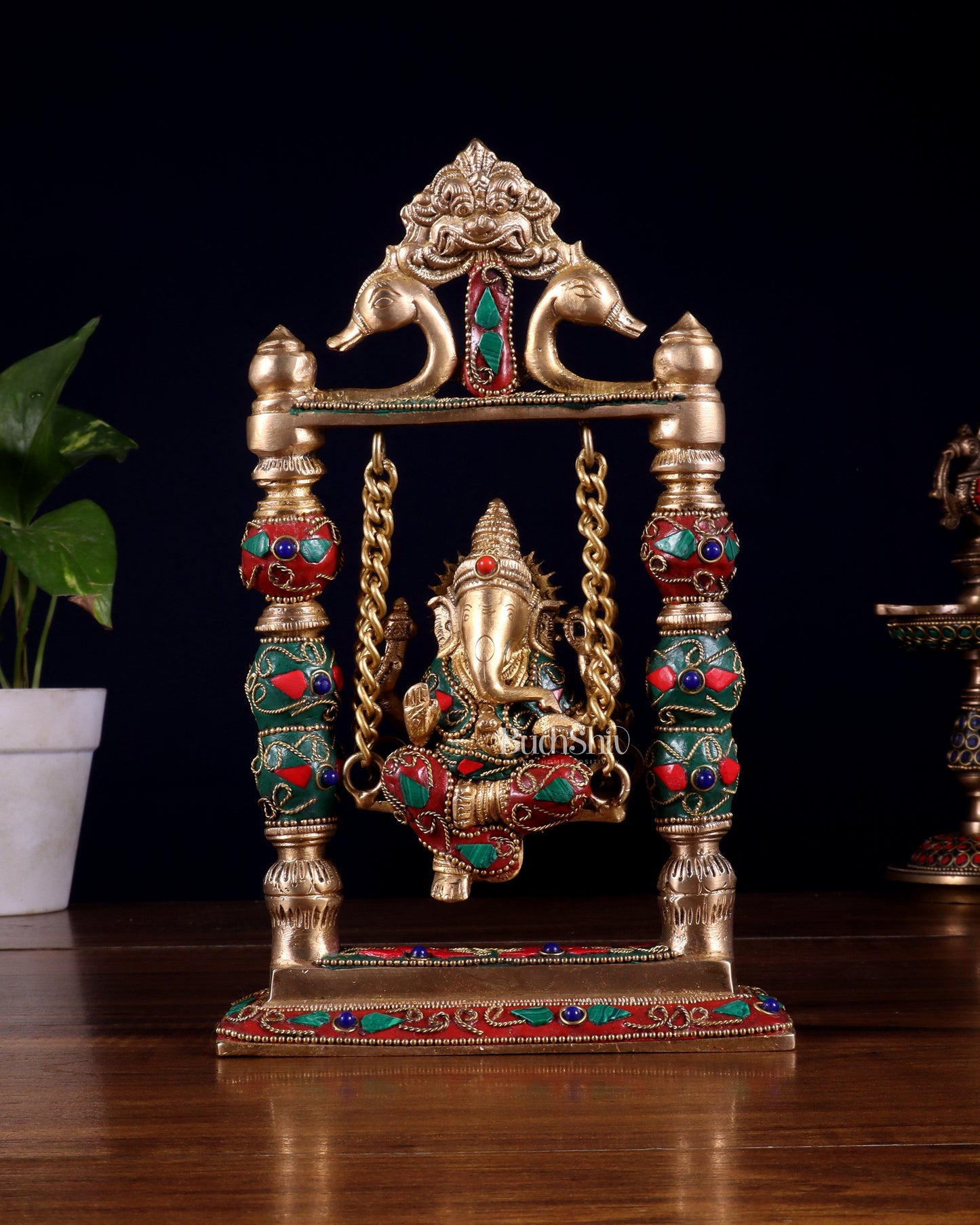 Pure Brass Ganesha on Swing with Floral Stonework – 8 Inch - Sama Homes Idol - Brass Sculpture