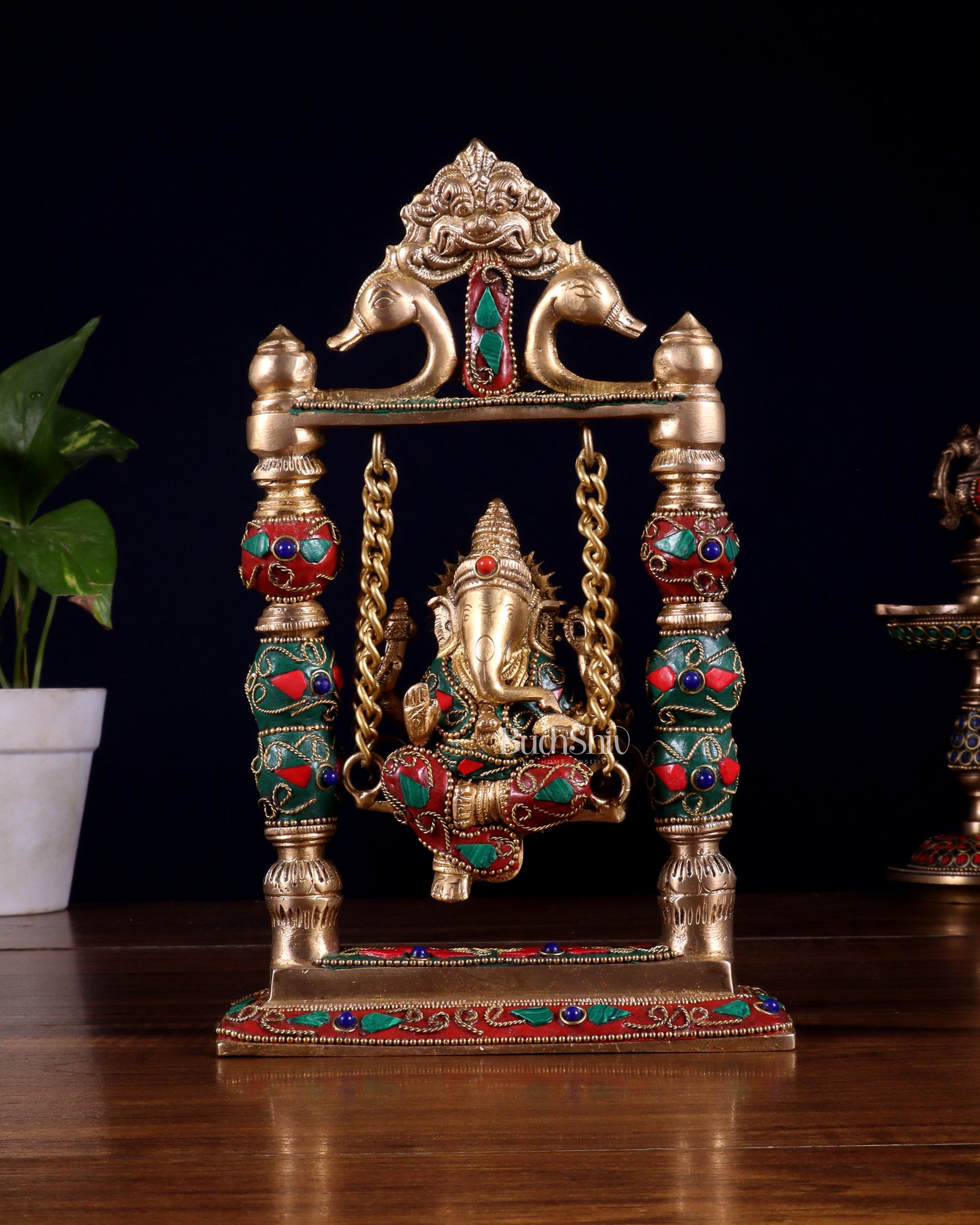Pure Brass Ganesha on Swing with Floral Stonework – 8 Inch - Sama Homes Idol - Brass Sculpture - Eco-friendly - Sama Homes