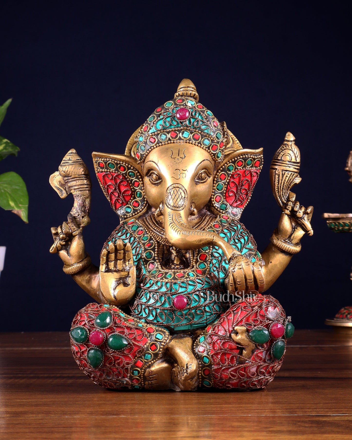 Vintage Brass Ganesha Idol with Nepalese meenakari- 8 Inch - Sama Homes Idol - Brass Sculpture