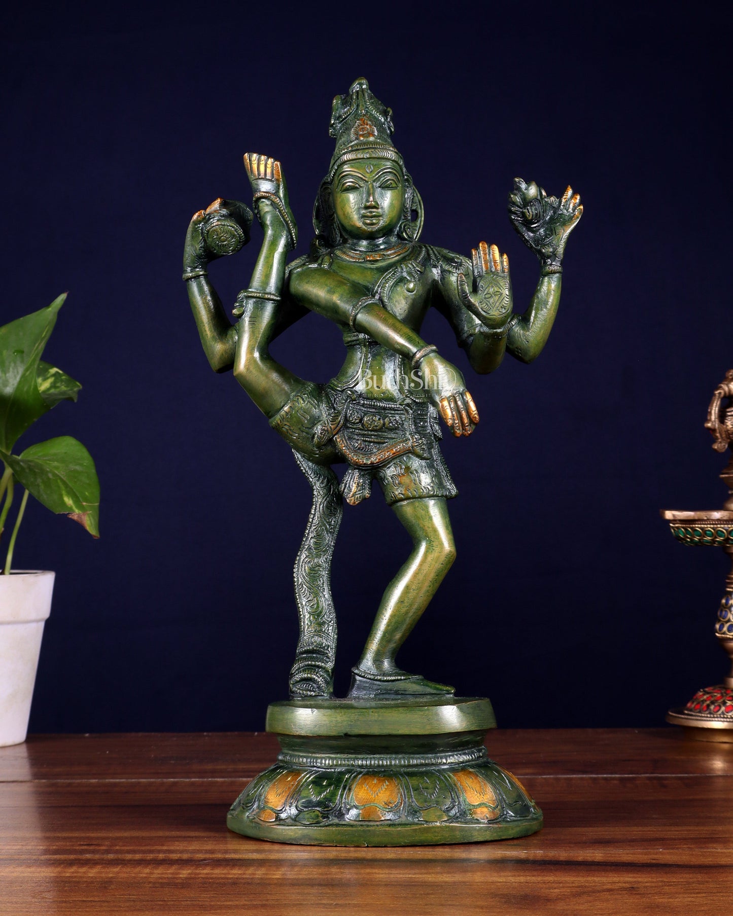 Brass Dancing Shiva Rudratandava Sculpture green tone 12 inch | 100% Certified Copper & Brass - Sama Homes Idol - Brass Sculpture