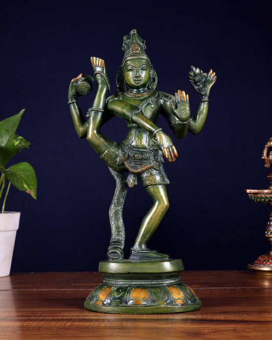 Brass Dancing Shiva Rudratandava Sculpture green tone 12 inch | 100% Certified Copper & Brass - Sama Homes Idol - Brass Sculpture