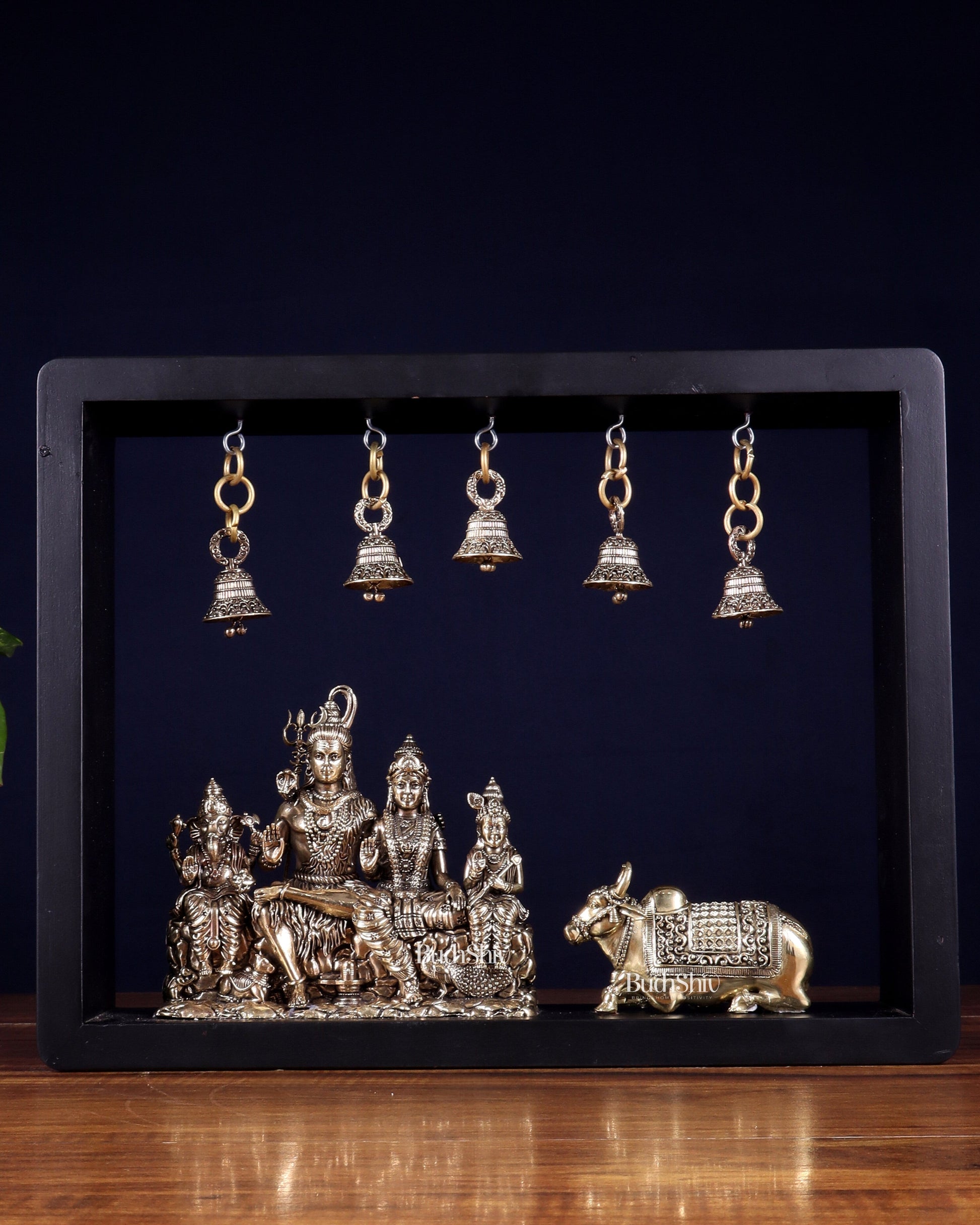 Pure Brass Lord Shiva Parivar with Nandi & Hanging Bells on MDF Frame – 11 Inch - Sama Homes Idol - Brass Sculpture - Eco-friendly - Sama Homes