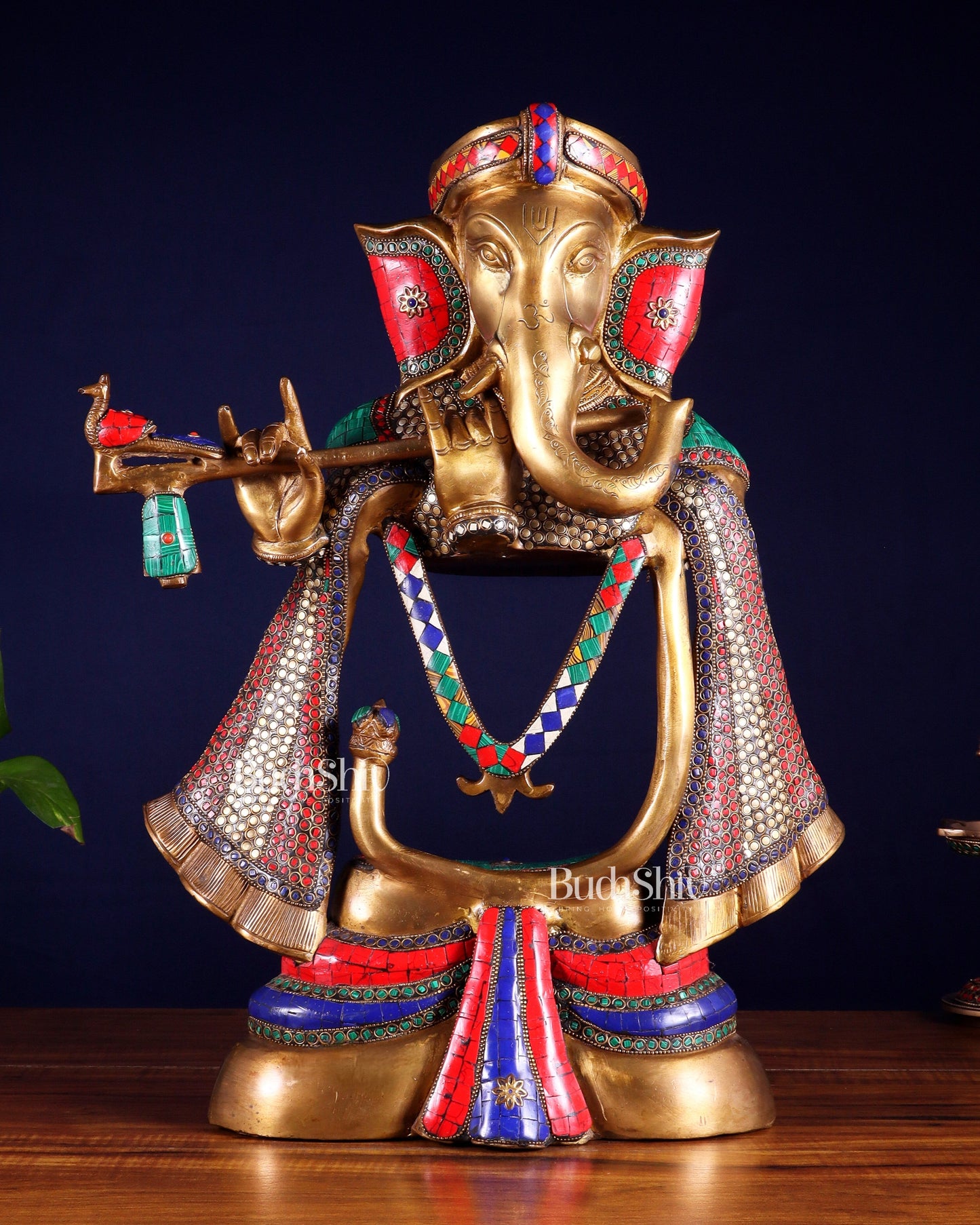 Brass Modern Ganesha playing flute Statue  - 20 Inch | 100% Certified Copper & Brass - Sama Homes Idol - Brass Sculpture