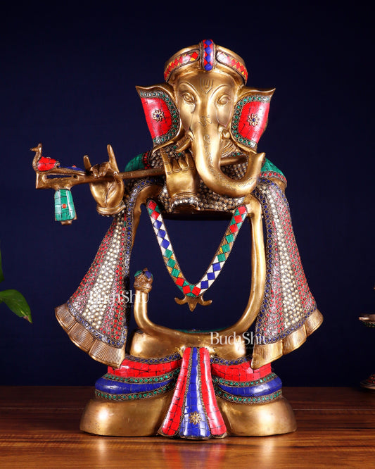 Brass Modern Ganesha playing flute Statue  - 20 Inch | 100% Certified Copper & Brass - Sama Homes Idol - Brass Sculpture