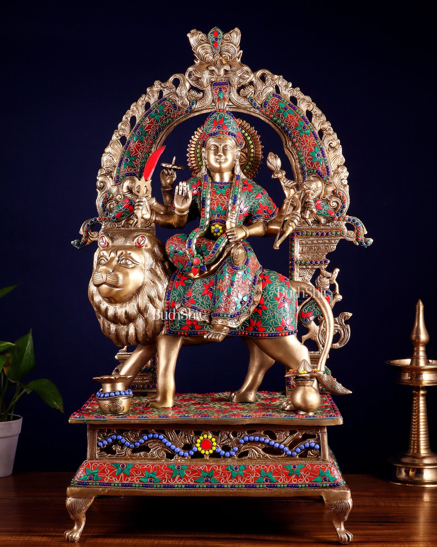 Pure Superfine Brass Goddess Durga Statue with Floral Stonework – 26.5 Inch - Sama Homes Idol - Brass Sculpture