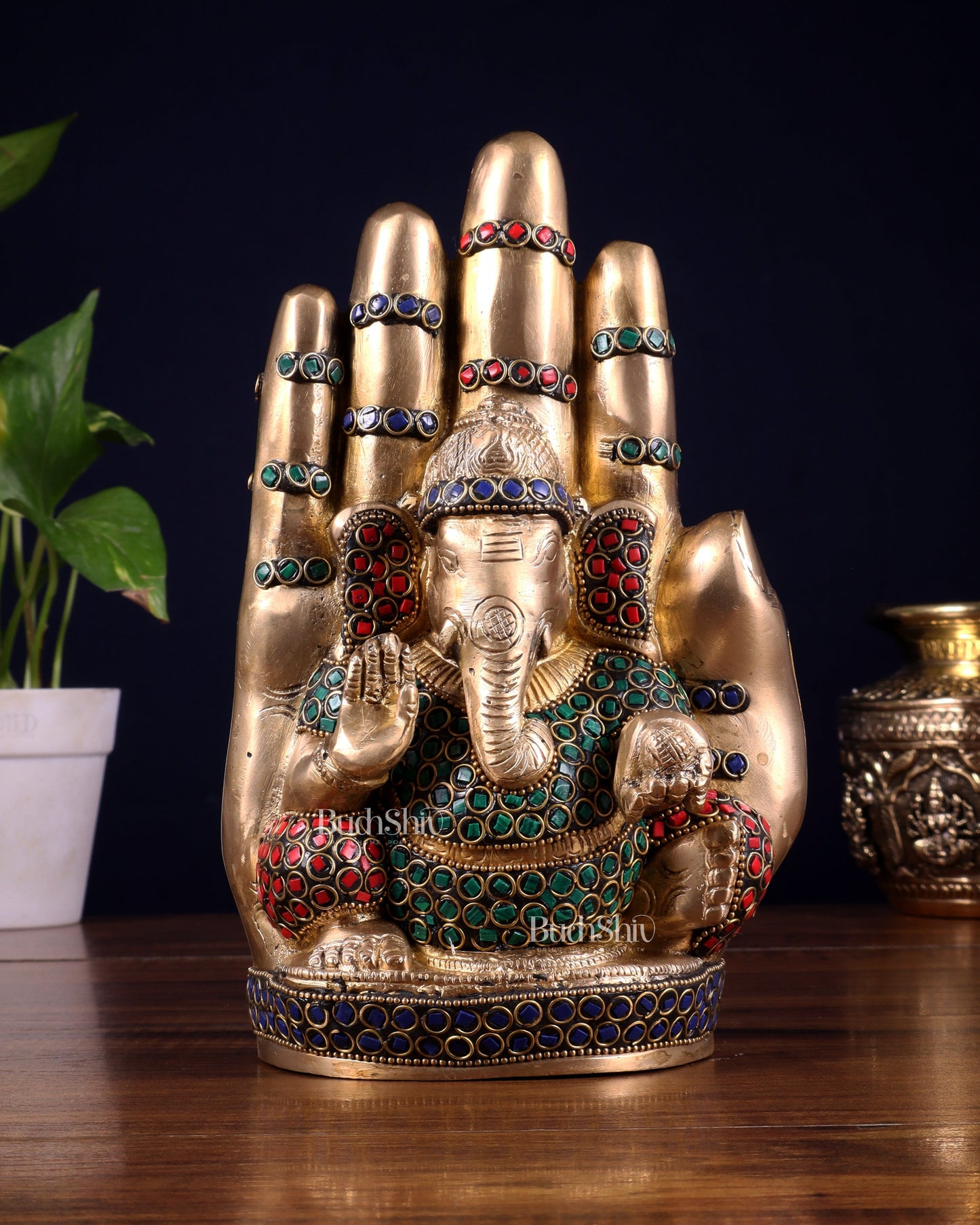 Pure Brass Ganesha on Blessing Hand Showpiece – 9 inch (23 cm) - Sama Homes Idol - Brass Sculpture