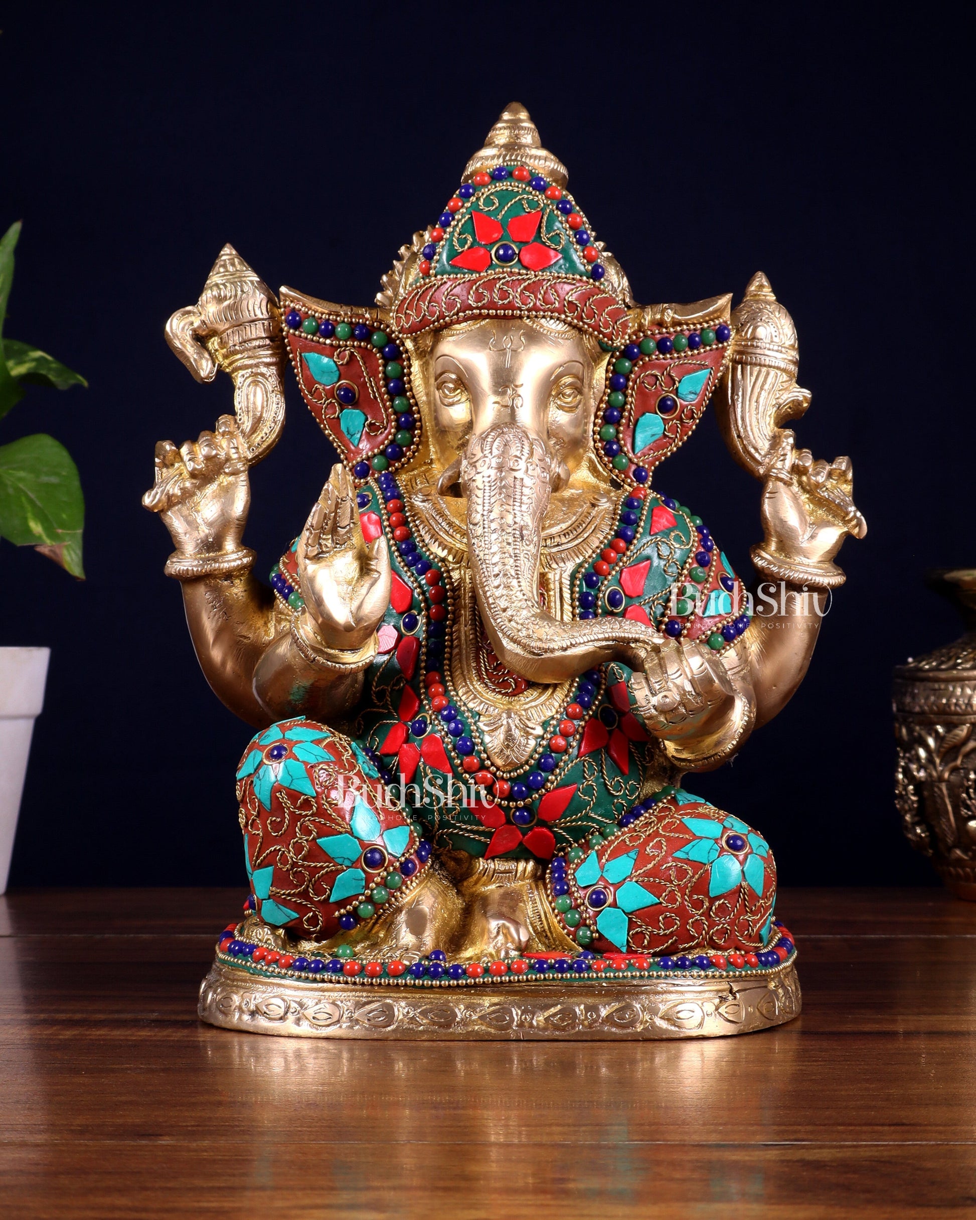 Pure Brass Unique Lord Ganesha Statue with Floral Stonework 9 inch - Sama Homes Idol - Brass Sculpture - Eco-friendly - Sama Homes
