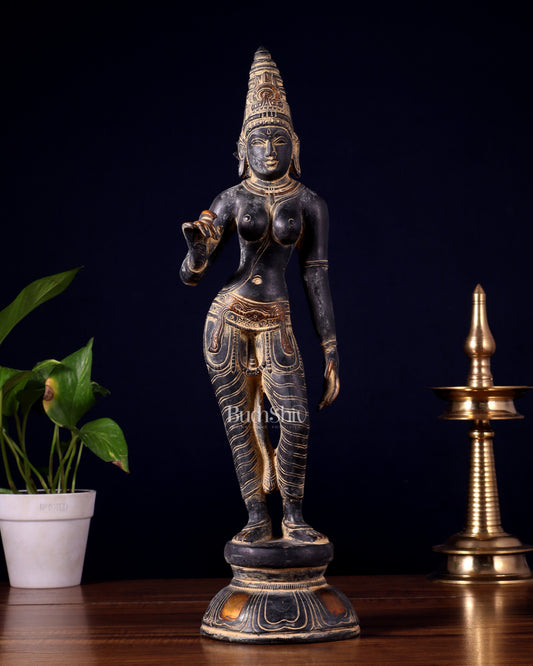 Pure Brass Bhoga Shakti Standing Uma Parvati Idol 18 inch antique patina - Sama Homes Idol - Brass Sculpture