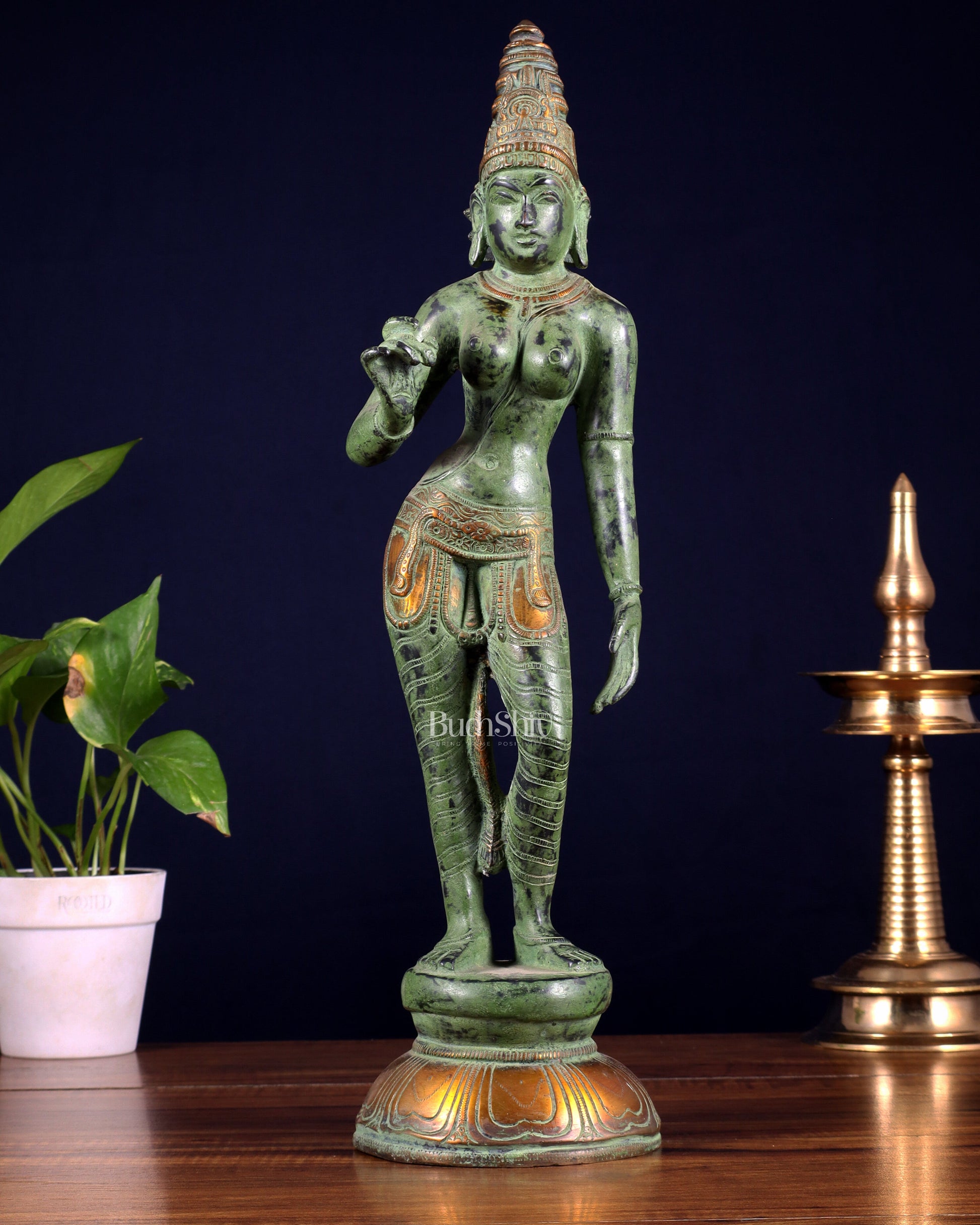 Pure Brass Bhoga Shakti Standing Uma Parvati Idol 18 inch green patina - Sama Homes Idol - Brass Sculpture - Eco-friendly - Sama Homes