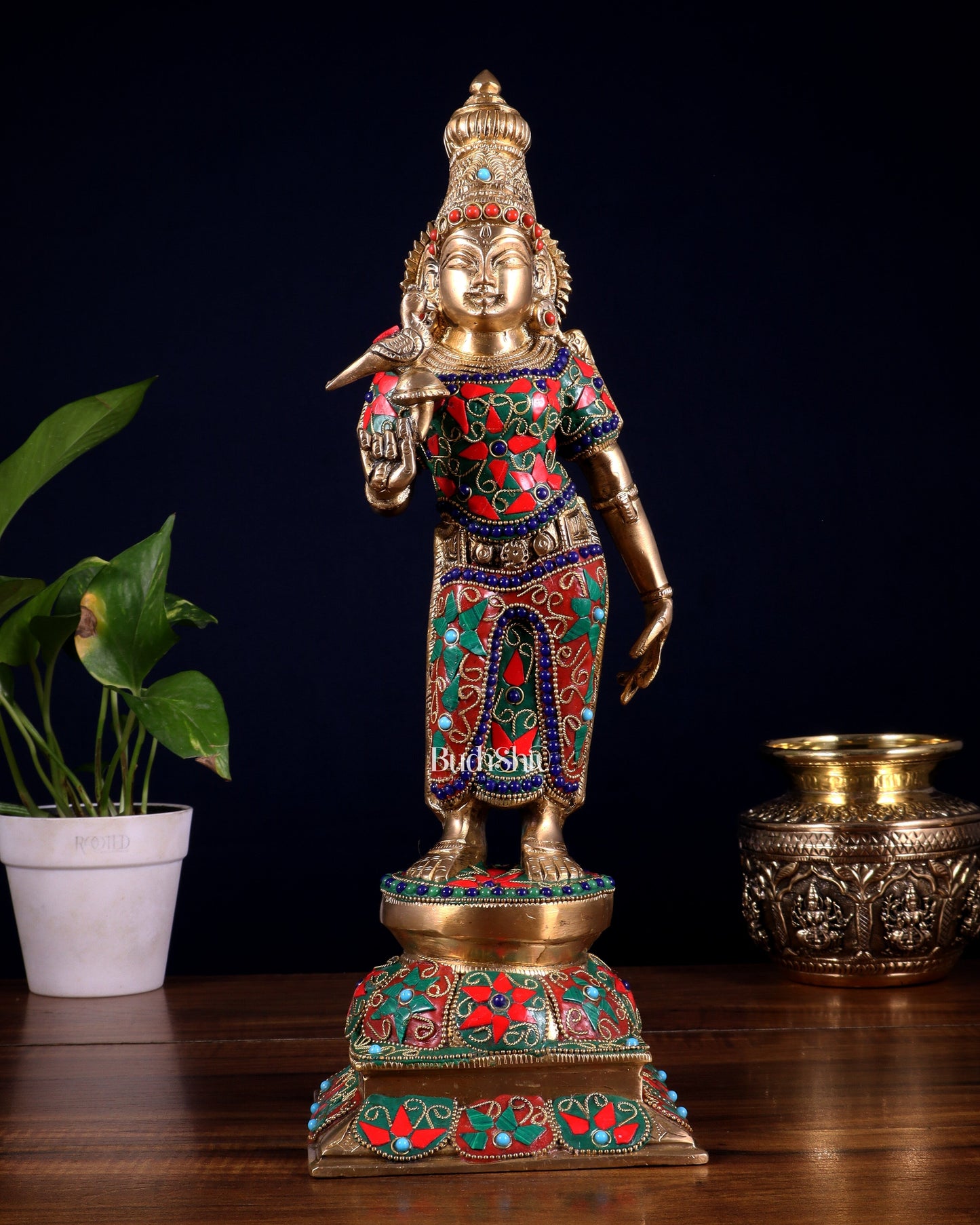 Pure Brass Goddess Meenakshi Statue – 15 Inch with stonework - Sama Homes Idol - Brass Sculpture
