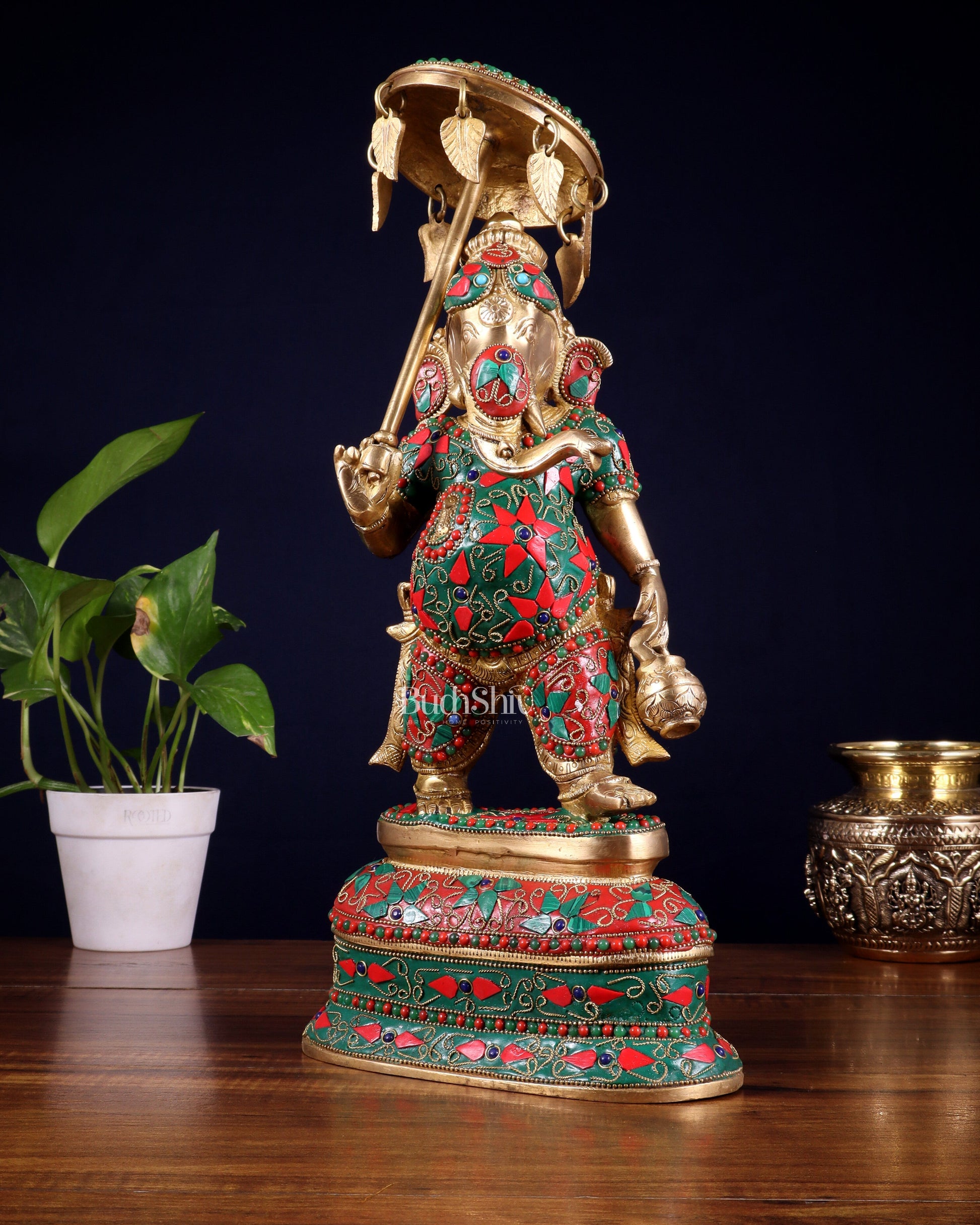 Brass Ganesha Statue with umbrella and kamandal | 15" with floral stonework | 100% Certified Copper & Brass - Sama Homes Idol - Brass Sculpture - Eco-friendly - Sama Homes