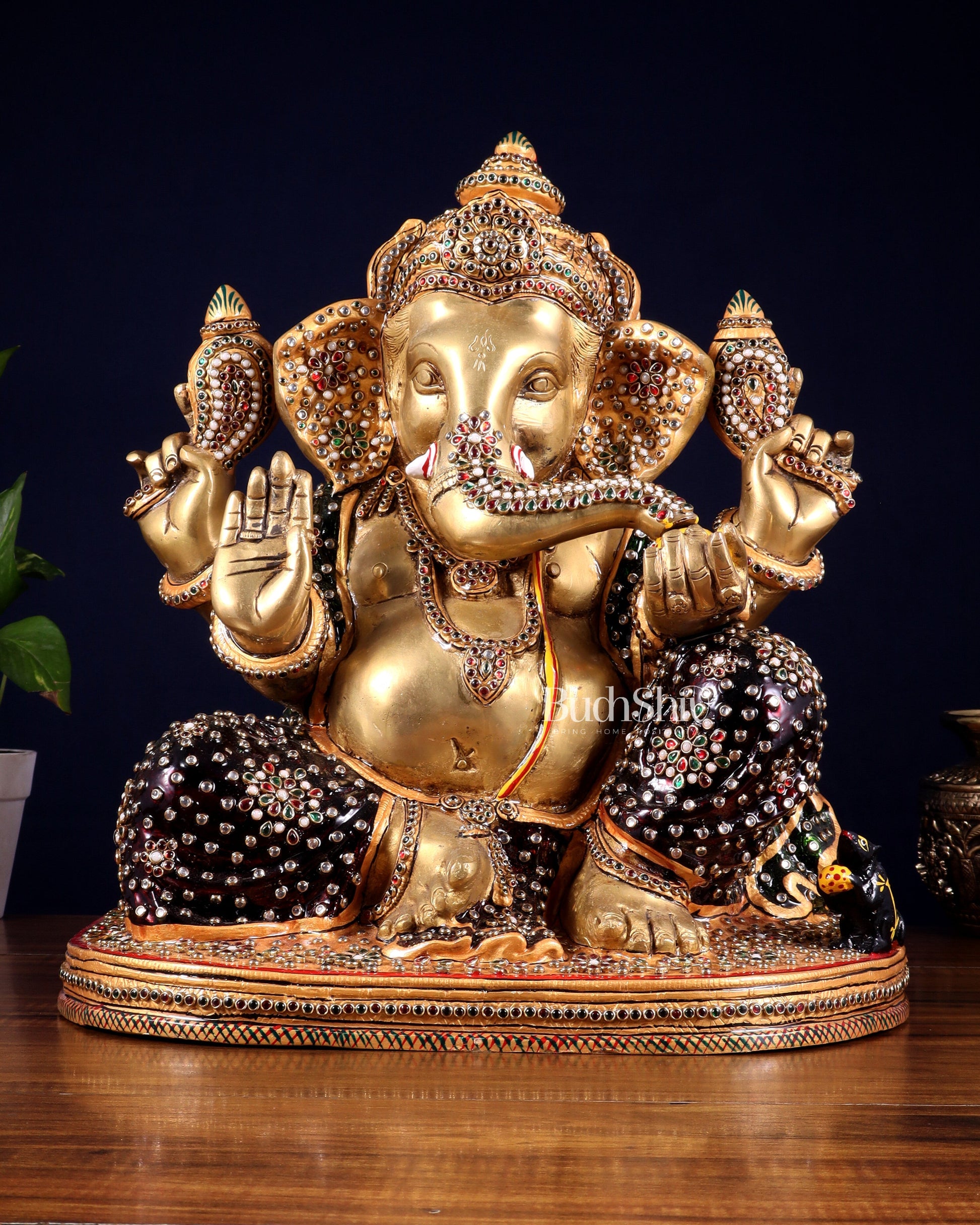 Brass Ganesha statue unique work - 15 inch laakh meenakari | 100% Certified Copper & Brass - Sama Homes Idol - Brass Sculpture - Eco-friendly - Sama Homes