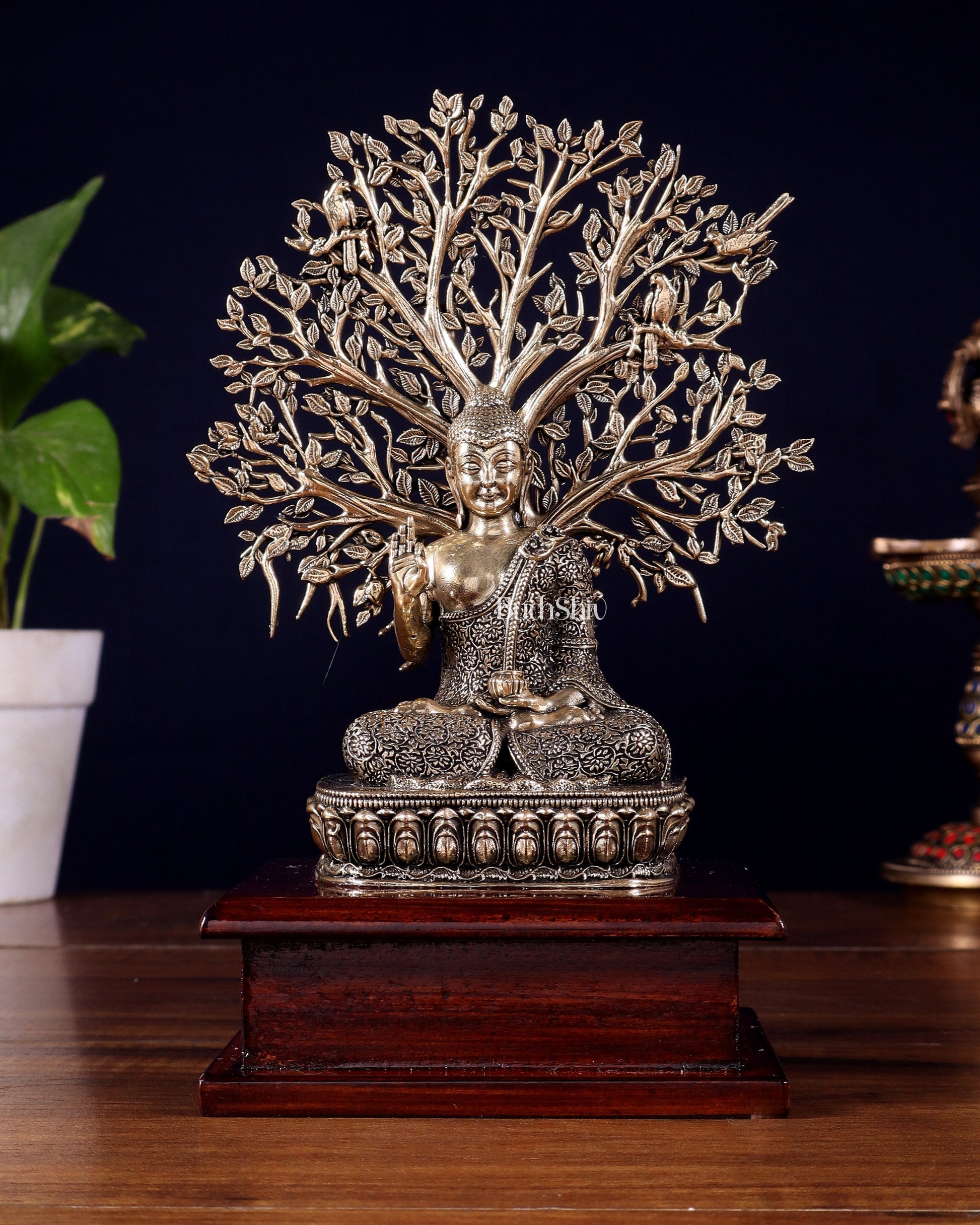 Brass Superfine Buddha with Kalpavriksha on Wooden Base – 8.5 Inch | 100% Certified Copper & Brass - Sama Homes Idol - Brass Sculpture - Eco-friendly - Sama Homes