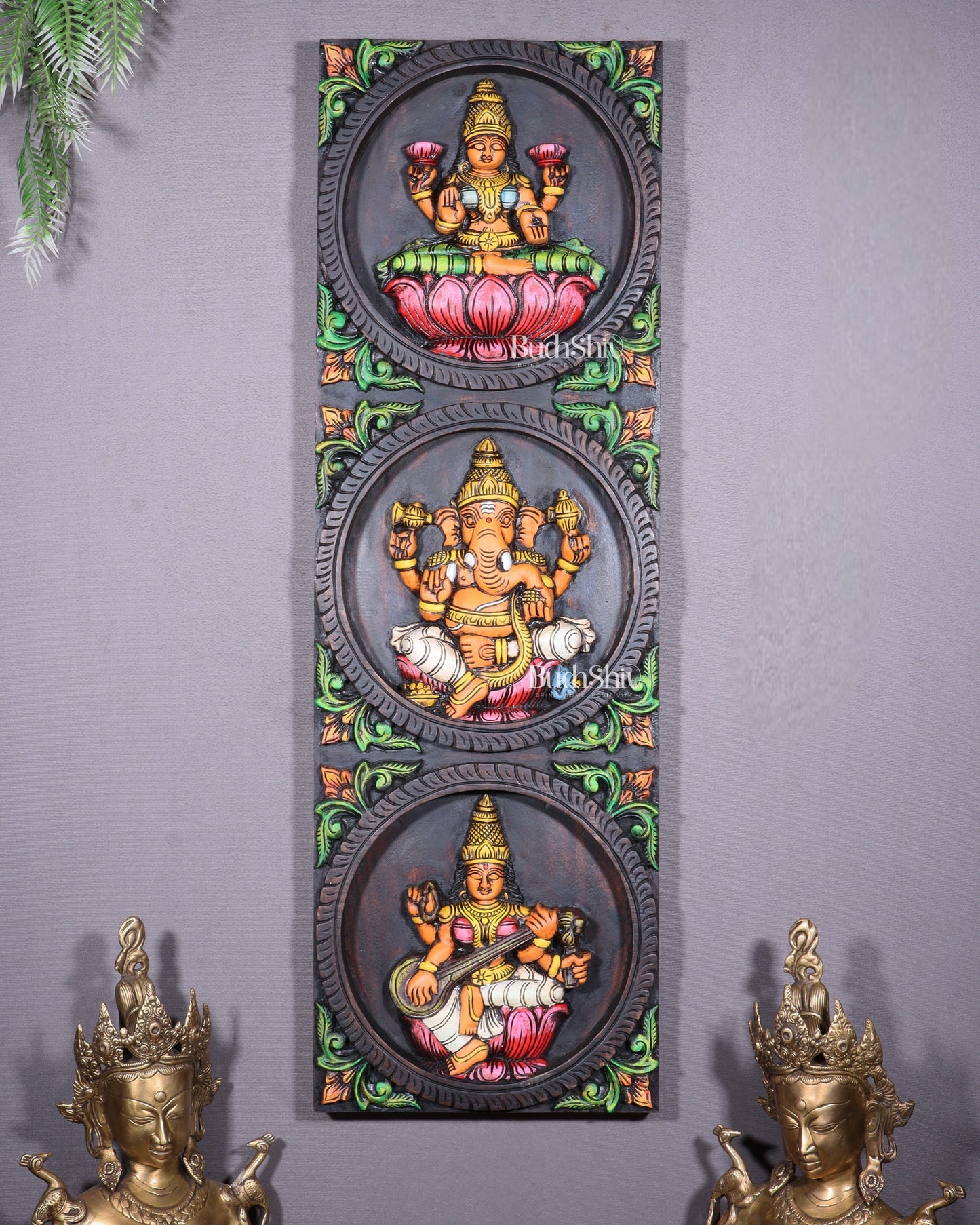 Hand-Painted Wooden Ganesha Lakshmi Saraswati Wall Hanging – 36 Inch - Sama Homes Idol - Brass Sculpture