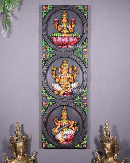Hand-Painted Wooden Ganesha Lakshmi Saraswati Wall Hanging – 36 Inch - Sama Homes Idol - Brass Sculpture