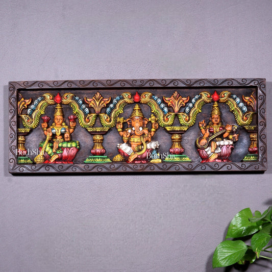 Hand-Painted Wooden Ganesha Lakshmi Saraswati Horizontal Wall Hanging – 24 Inch - Sama Homes Idol - Brass Sculpture