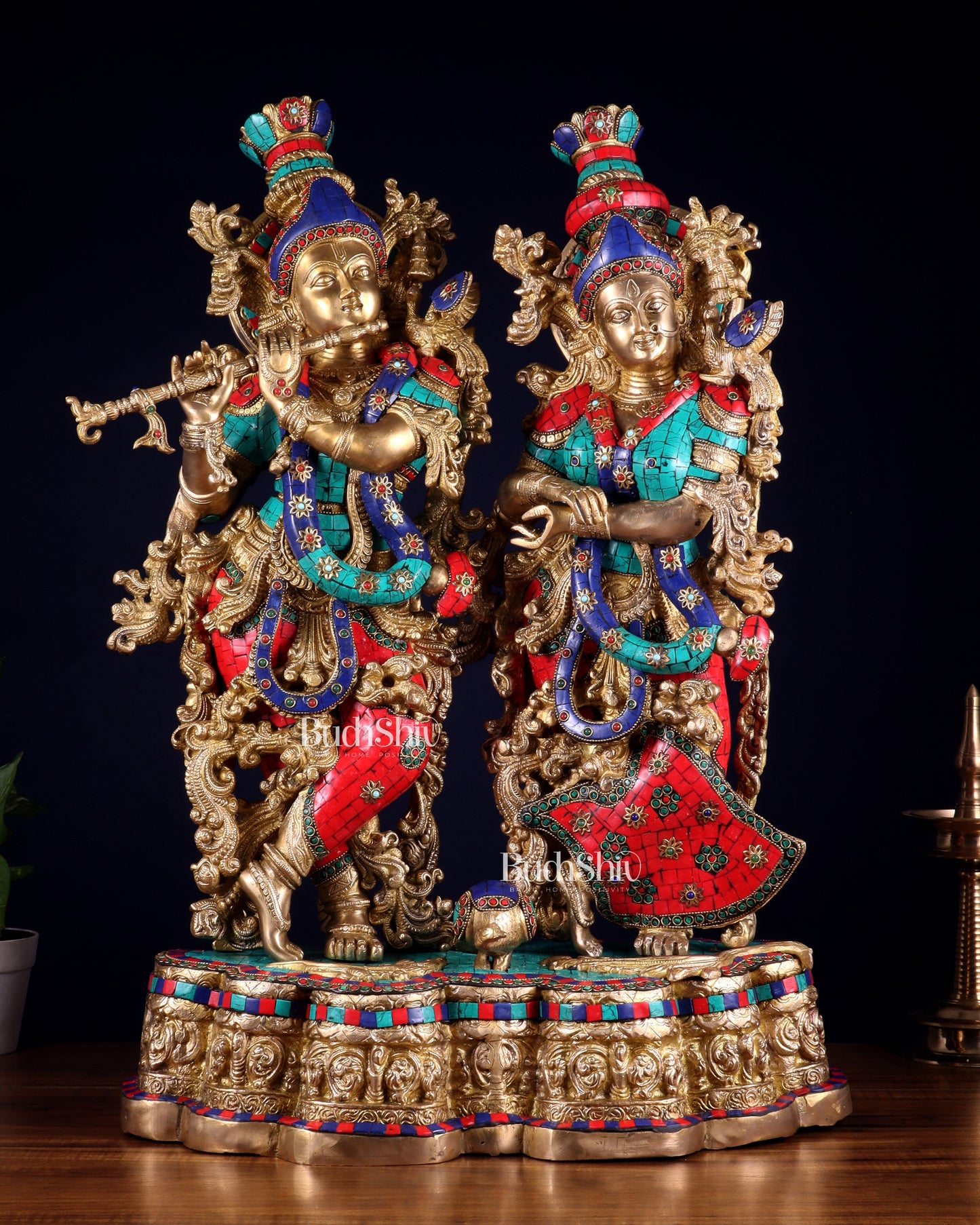 Pure Brass Radha Krishna statue meenakari Stonework– 29" - Sama Homes Idol - Brass Sculpture