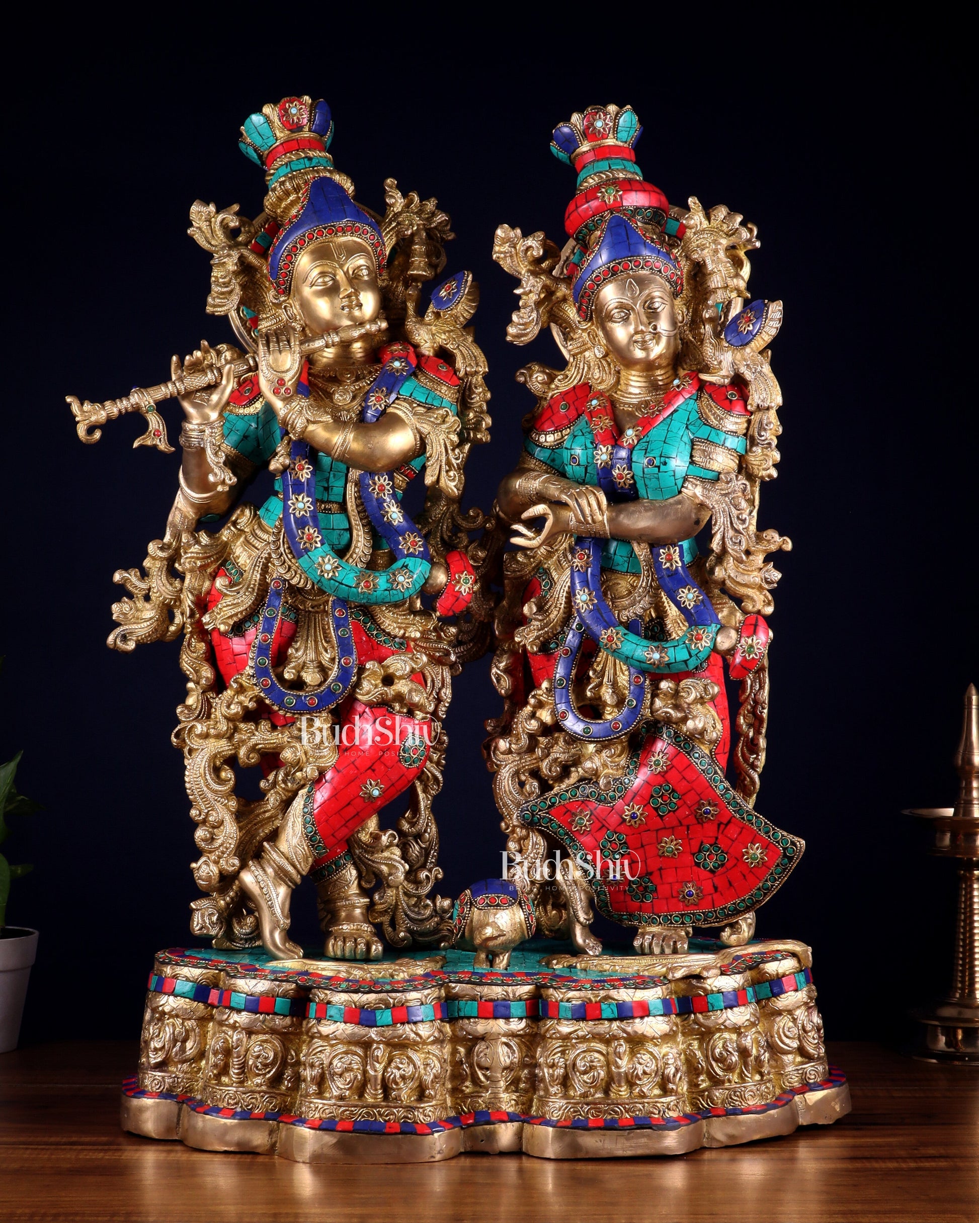 Pure Brass Radha Krishna statue meenakari Stonework– 29" - Sama Homes Idol - Brass Sculpture - Eco-friendly - Sama Homes