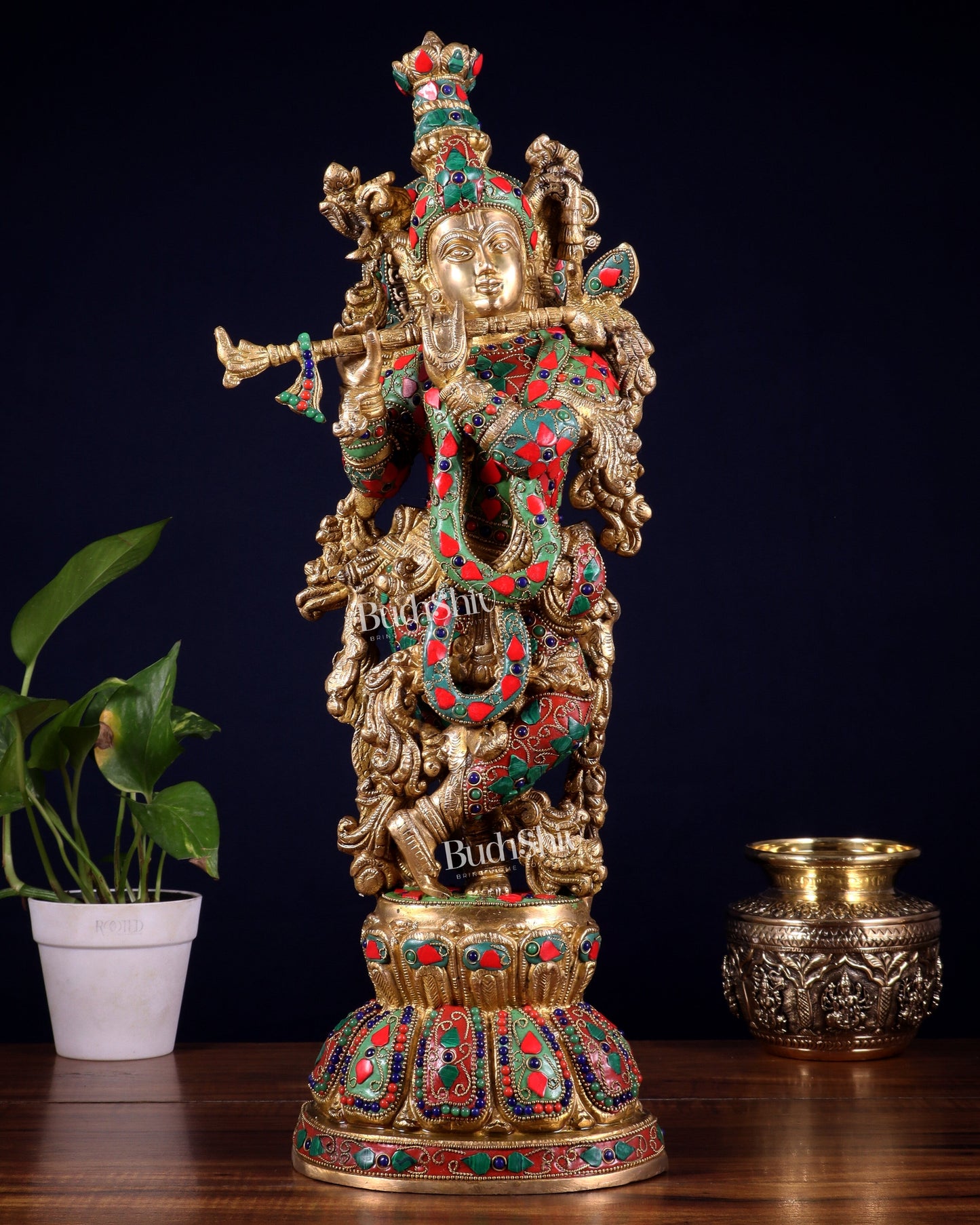 Pure Brass Krishna Statue with floral Stonework, 21" Height - Sama Homes Idol - Brass Sculpture