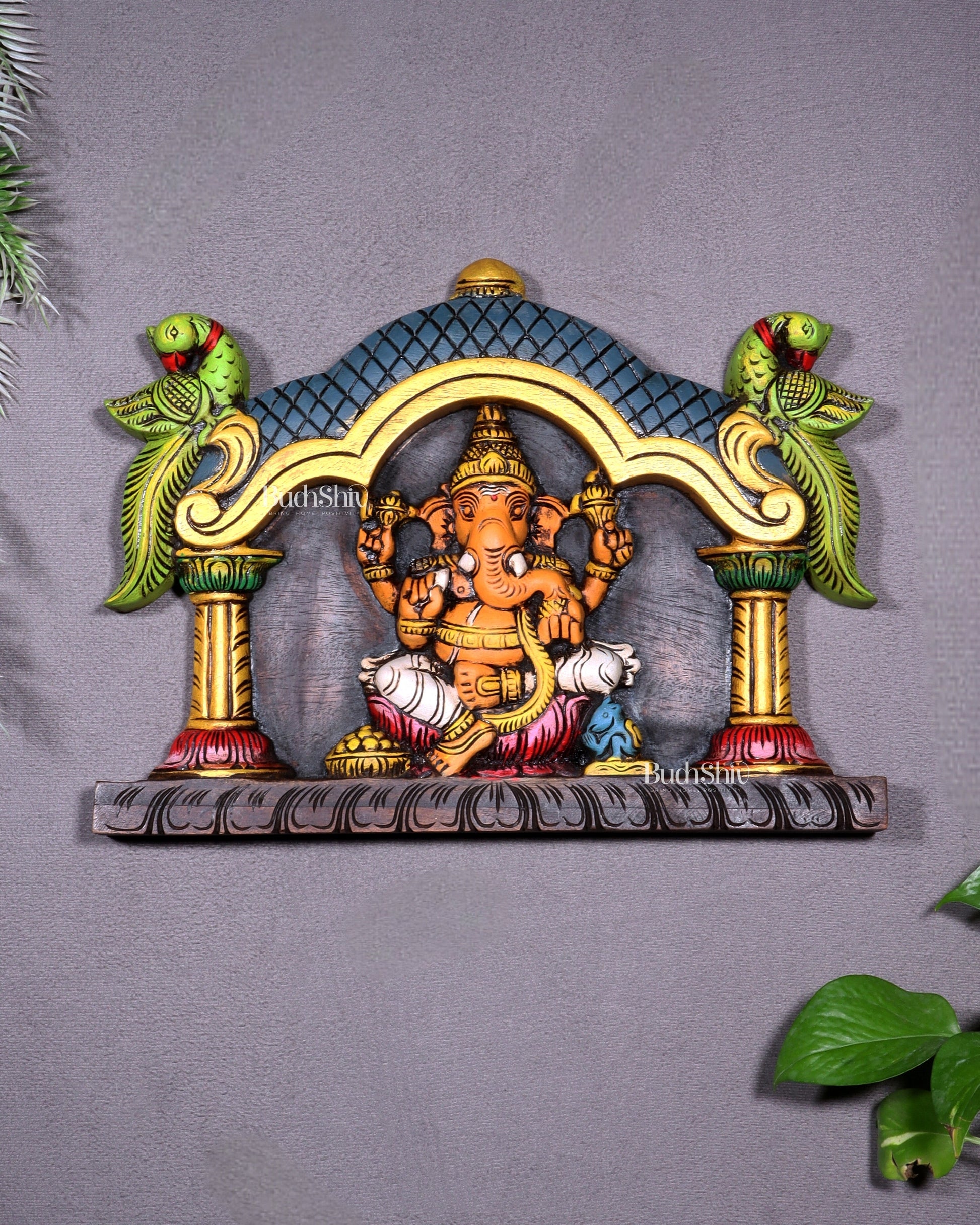Hand-Painted Wooden Ganesha with Two Parrots Wall Hanging – 15.5 Inch - Sama Homes Idol - Brass Sculpture - Eco-friendly - Sama Homes
