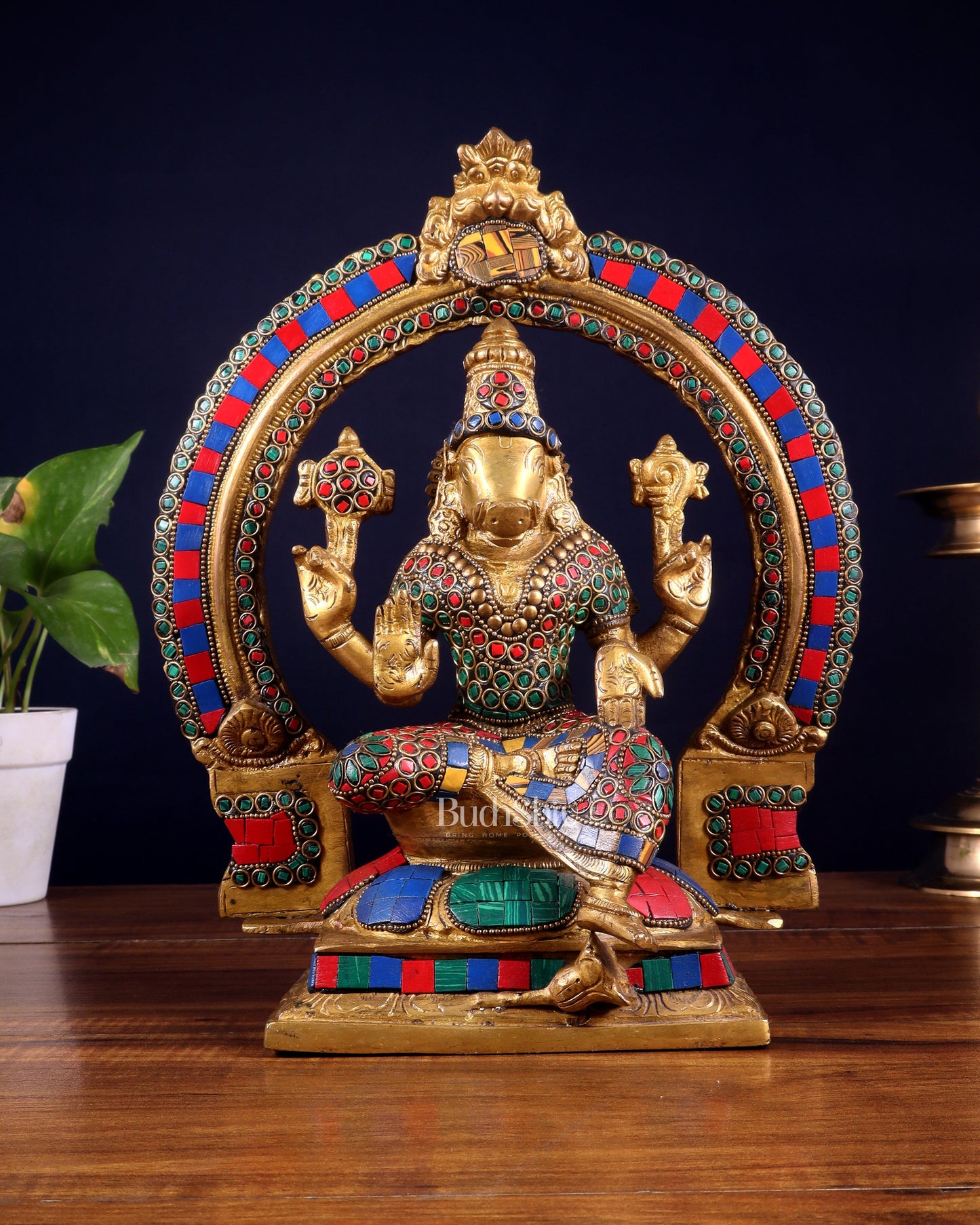 Brass Varahi Amman Statue with Stonework 11 inch - Sama Homes Idol - Brass Sculpture