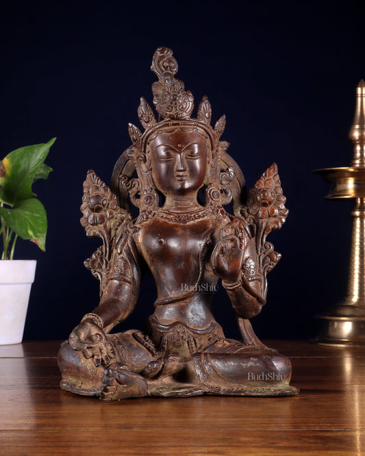 Vintage Brass Green Tara rustic Statue – 10.5 inch - Sama Homes Idol - Brass Sculpture