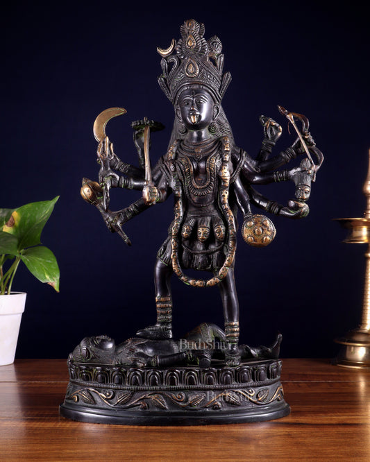 Pure Brass Vintage Goddess Kali Dashbhuja Idol | 14 inch" black edition - Sama Homes Idol - Brass Sculpture