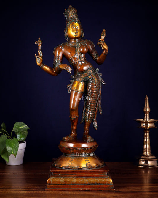 Ardhanarishwara Shiv Parvati as one Brass statue 23" chola tone | 100% Certified Copper & Brass - Sama Homes Idol - Brass Sculpture