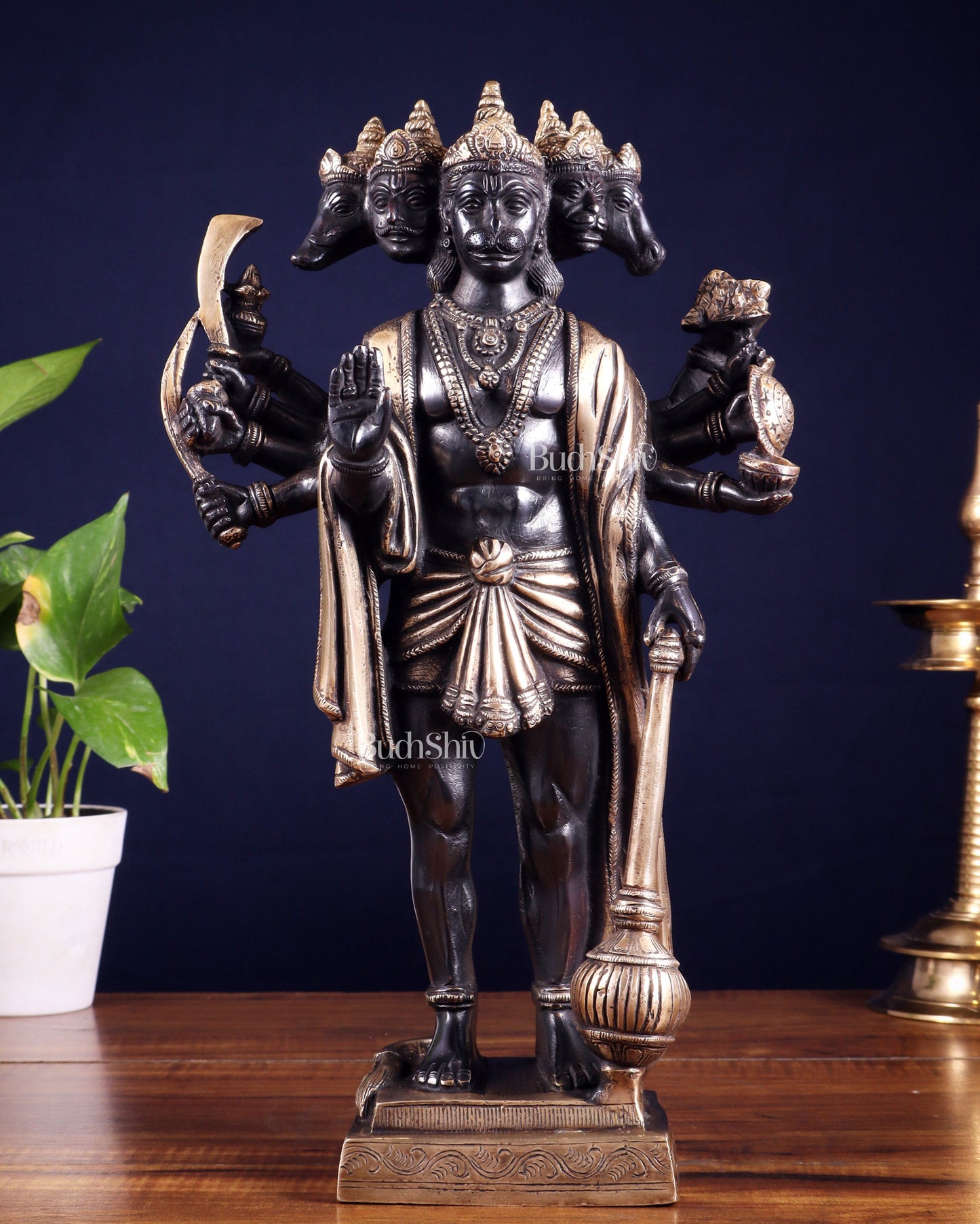 Brass Standing Panchmukhi Hanuman idol 14" black and gold finish | 100% Certified Copper & Brass - Sama Homes Idol - Brass Sculpture