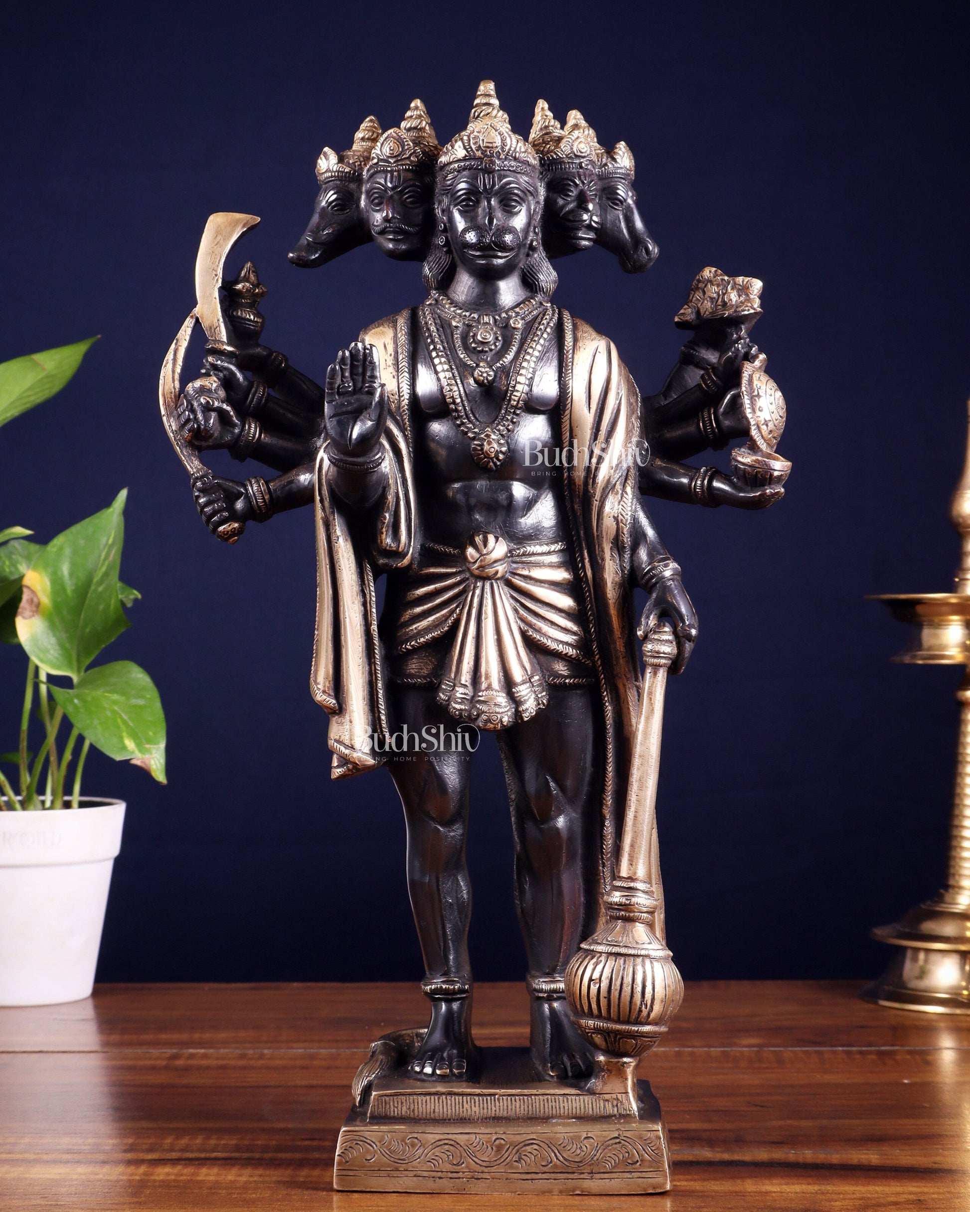 Brass Standing Panchmukhi Hanuman idol 14" black and gold finish | 100% Certified Copper & Brass - Sama Homes Idol - Brass Sculpture - Eco-friendly - Sama Homes