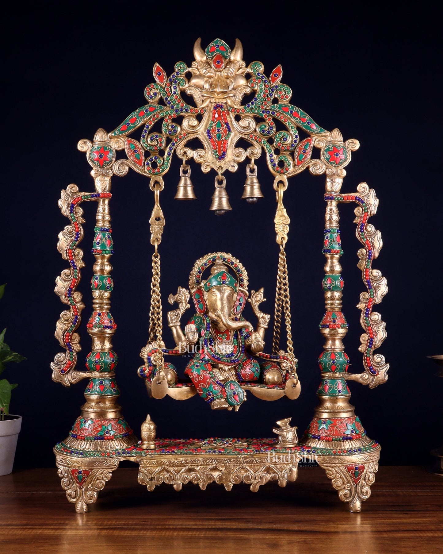Brass Ganesha idol on large Swing jhoola - 26 inch floral stonework | 100% Certified Copper & Brass - Sama Homes Idol - Brass Sculpture