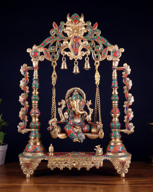 Brass Ganesha idol on large Swing jhoola - 26 inch floral stonework | 100% Certified Copper & Brass - Sama Homes Idol - Brass Sculpture