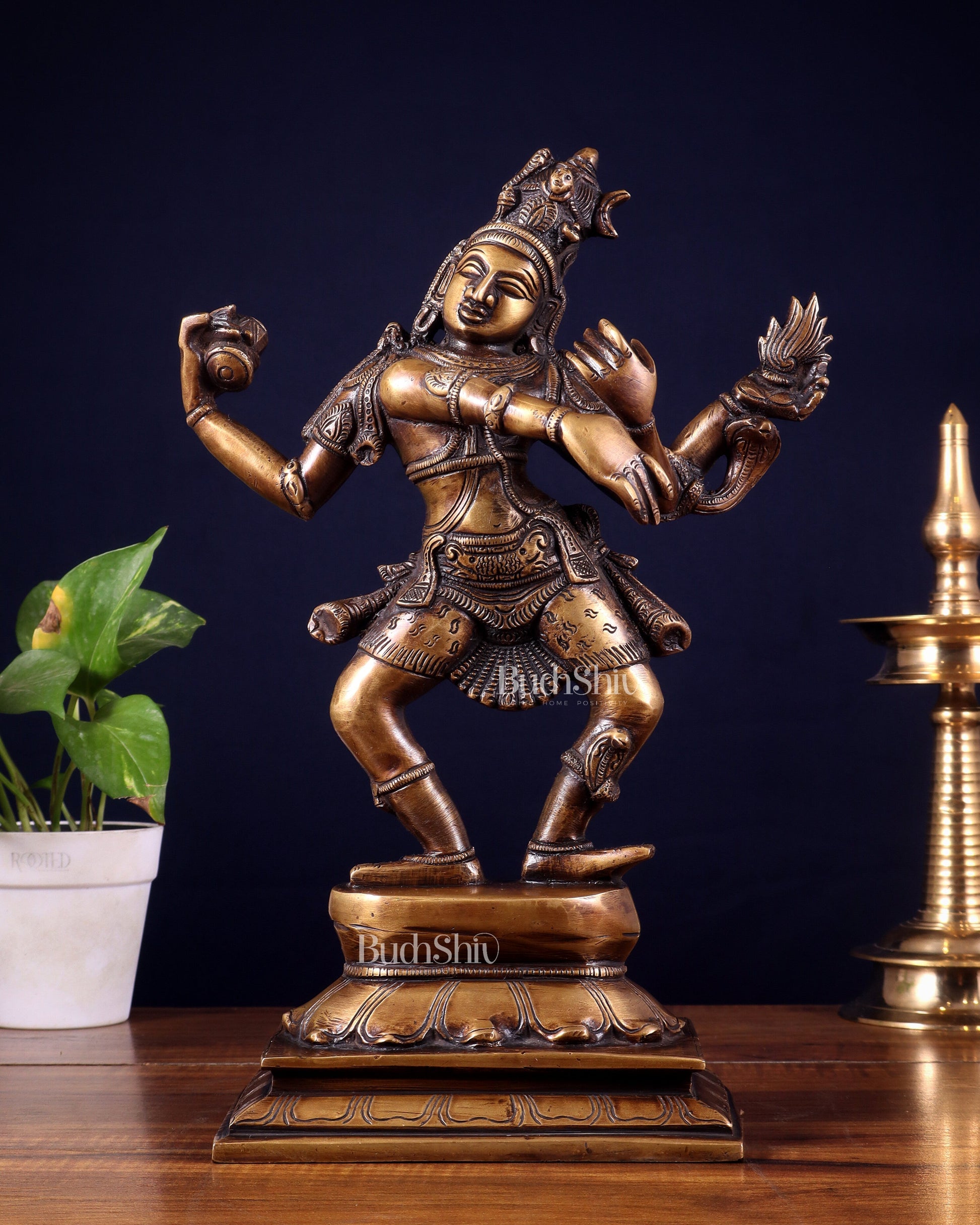 Brass Dancing Shiva with Four Arms Statue - 14" vintage tone | 100% Certified Copper & Brass - Sama Homes Idol - Brass Sculpture - Eco-friendly - Sama Homes