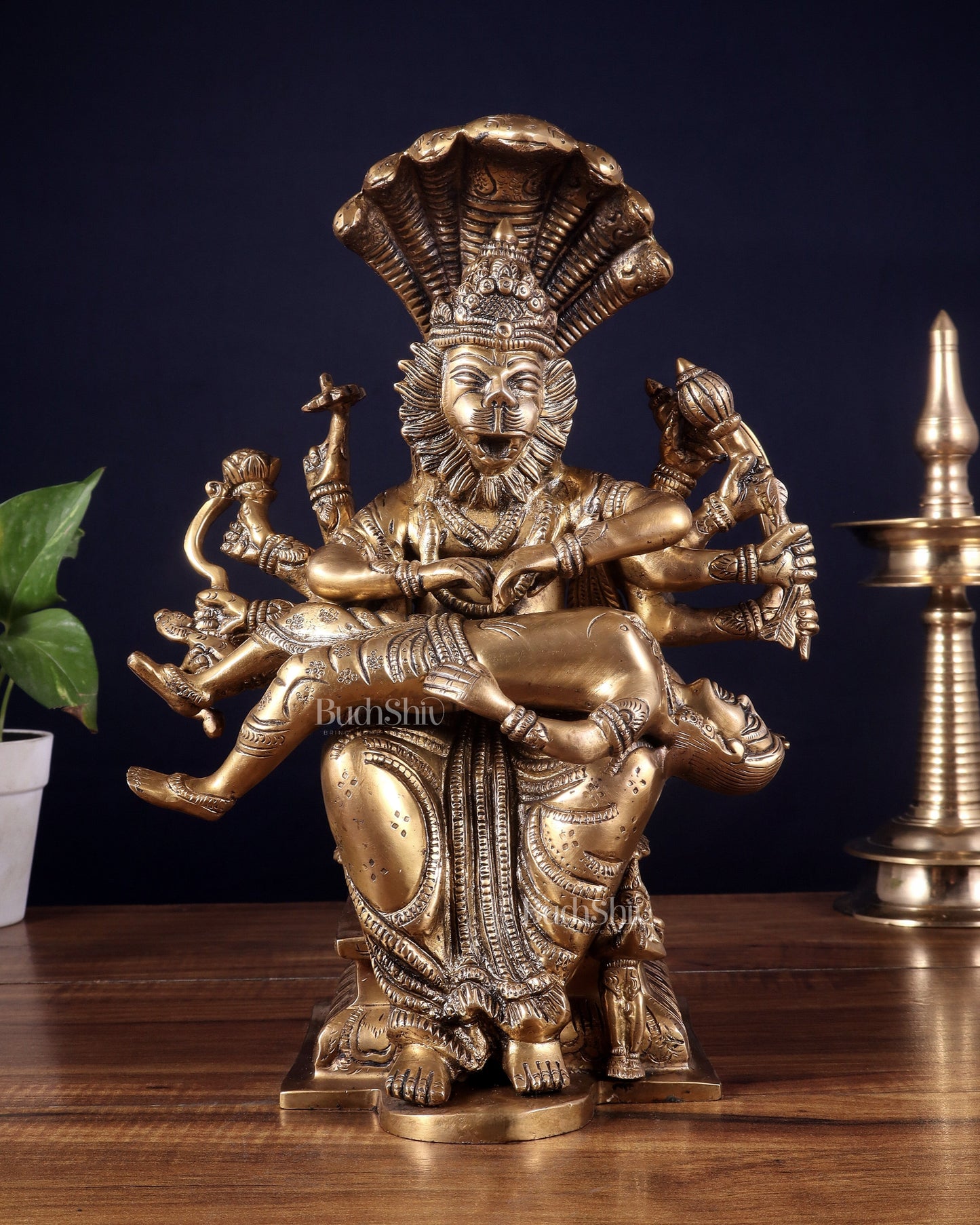 Pure Brass Narasimha hiranyakashap dhahan with bhakt Prahlad statue  - 13 inch - Sama Homes Idol - Brass Sculpture