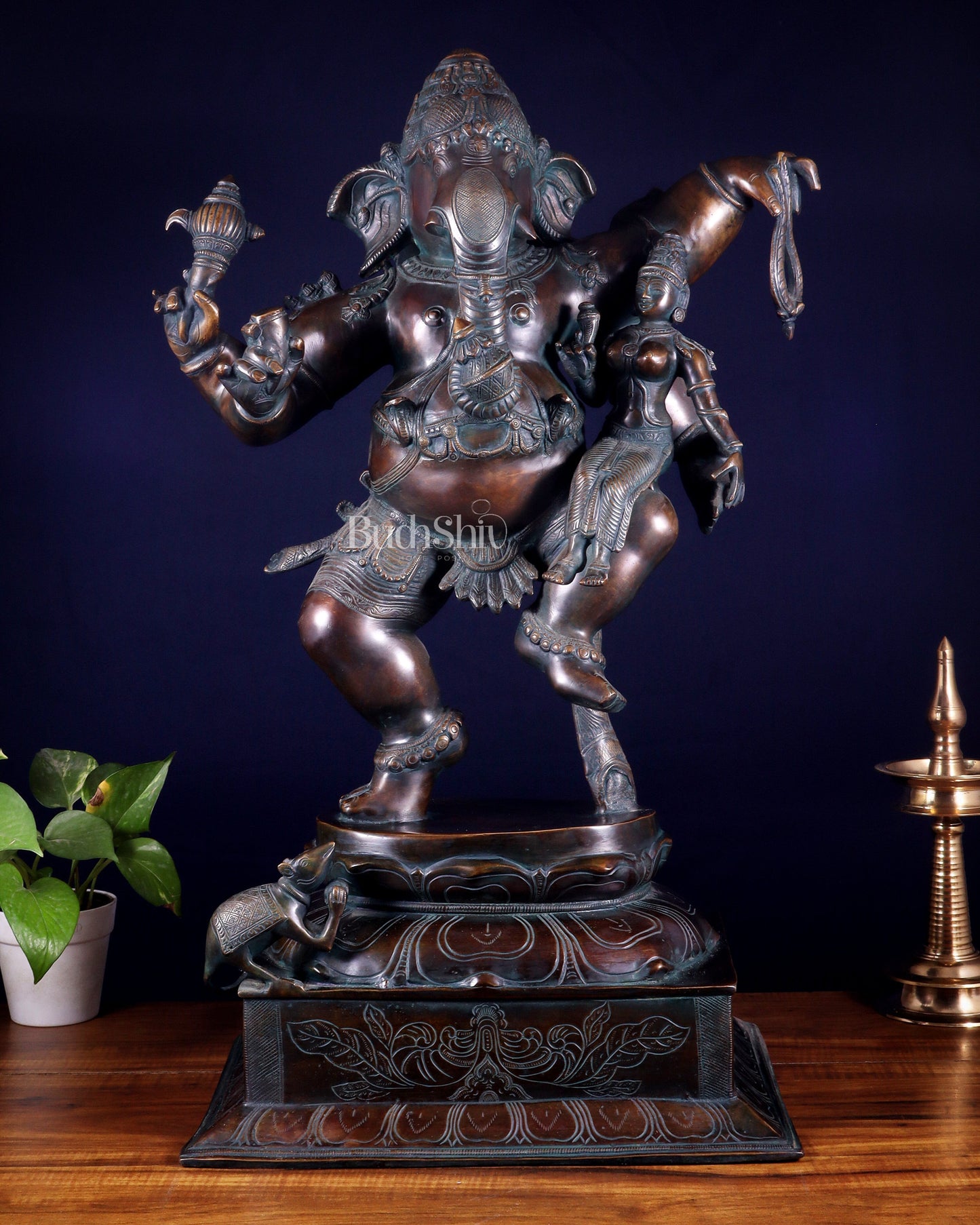 Pure Brass Dancing Ganesha with Siddhi on Lap – Maha Ganapati Chola Style Sculpture 29" - Sama Homes Idol - Brass Sculpture