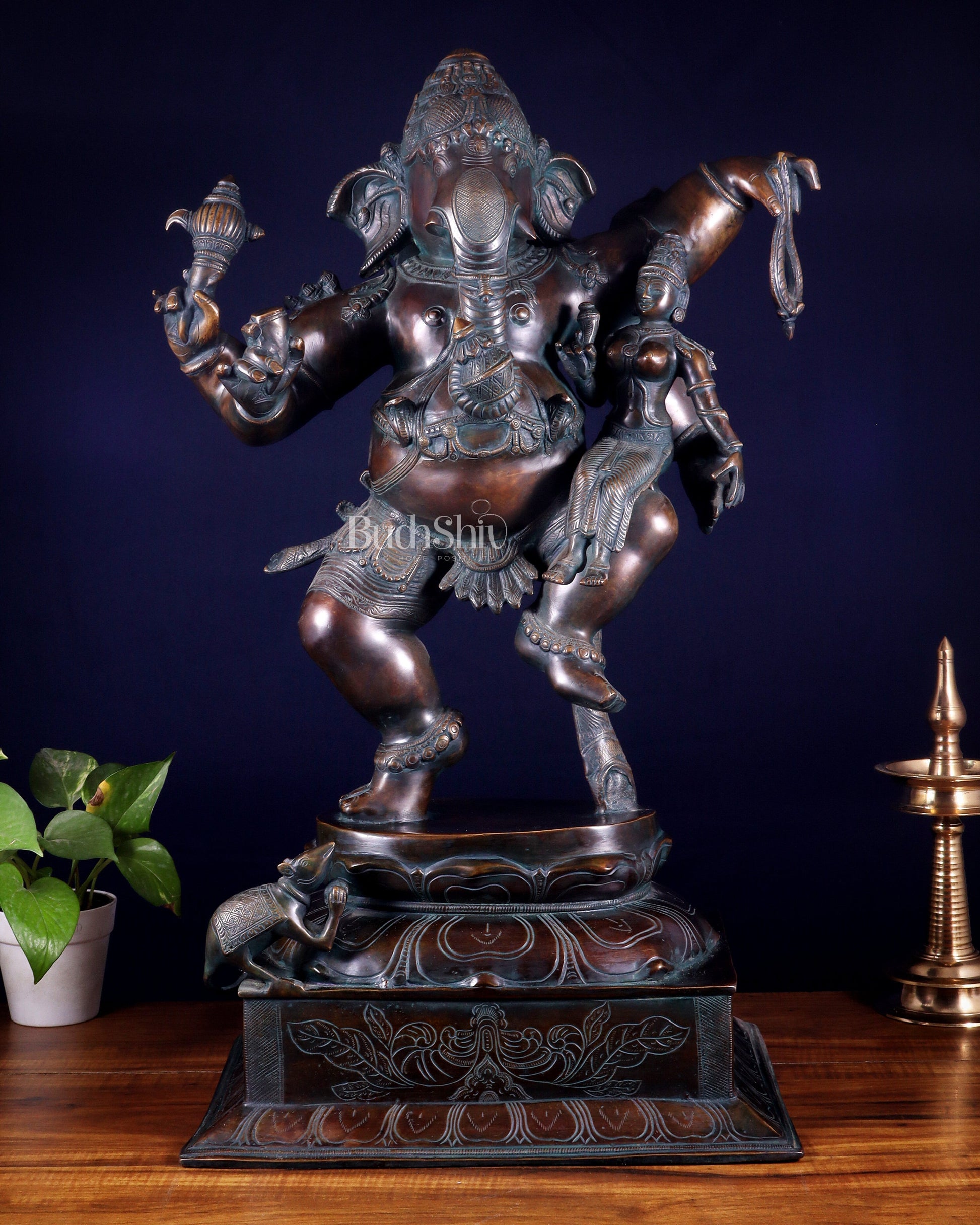 Pure Brass Dancing Ganesha with Siddhi on Lap – Maha Ganapati Chola Style Sculpture 29" - Sama Homes Idol - Brass Sculpture - Eco-friendly - Sama Homes