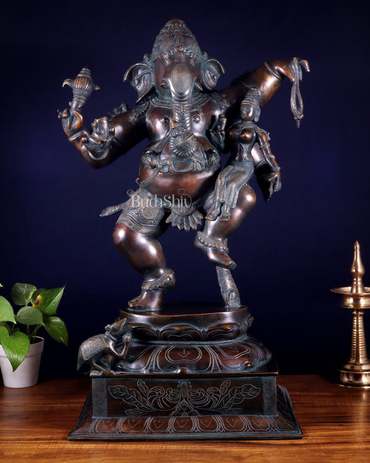 Pure Brass Dancing Ganesha with Siddhi on Lap – Maha Ganapati Chola Style Sculpture 29" - Sama Homes Idol - Brass Sculpture