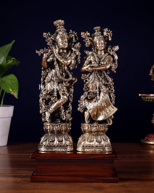 Brass Radha Krishna on Wooden Base – 9.5 inch Superfine Finish | 100% Certified Copper & Brass - Sama Homes Idol - Brass Sculpture